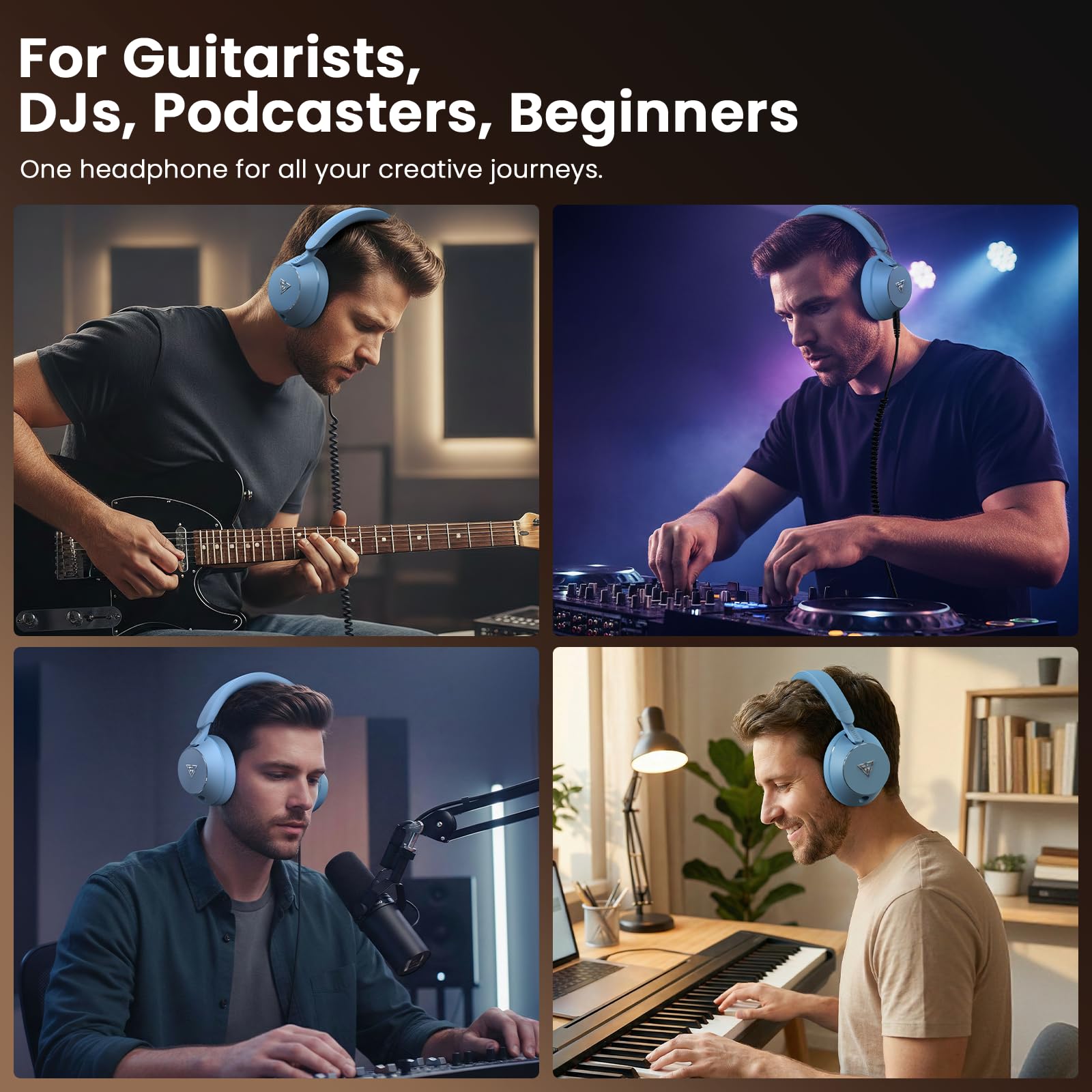 DOQAUS Audífonos profesionales con cable para monitor de estudio para grabación y mezcla de música, auriculares estéreo de 50 mm con conector dual para guitarra eléctrica, teclado, piano, portátil