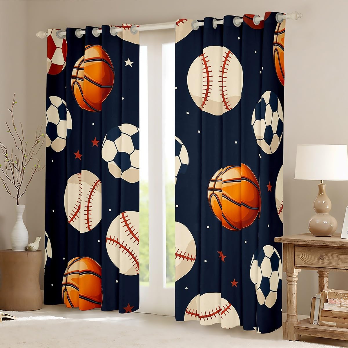 Homemissing Ball Game Curtains Basketball Window Drapes Treatments for Kids Boys Girls Sports Window Drapes Soccer Ball,W52*L63,2 Panels - Image 2