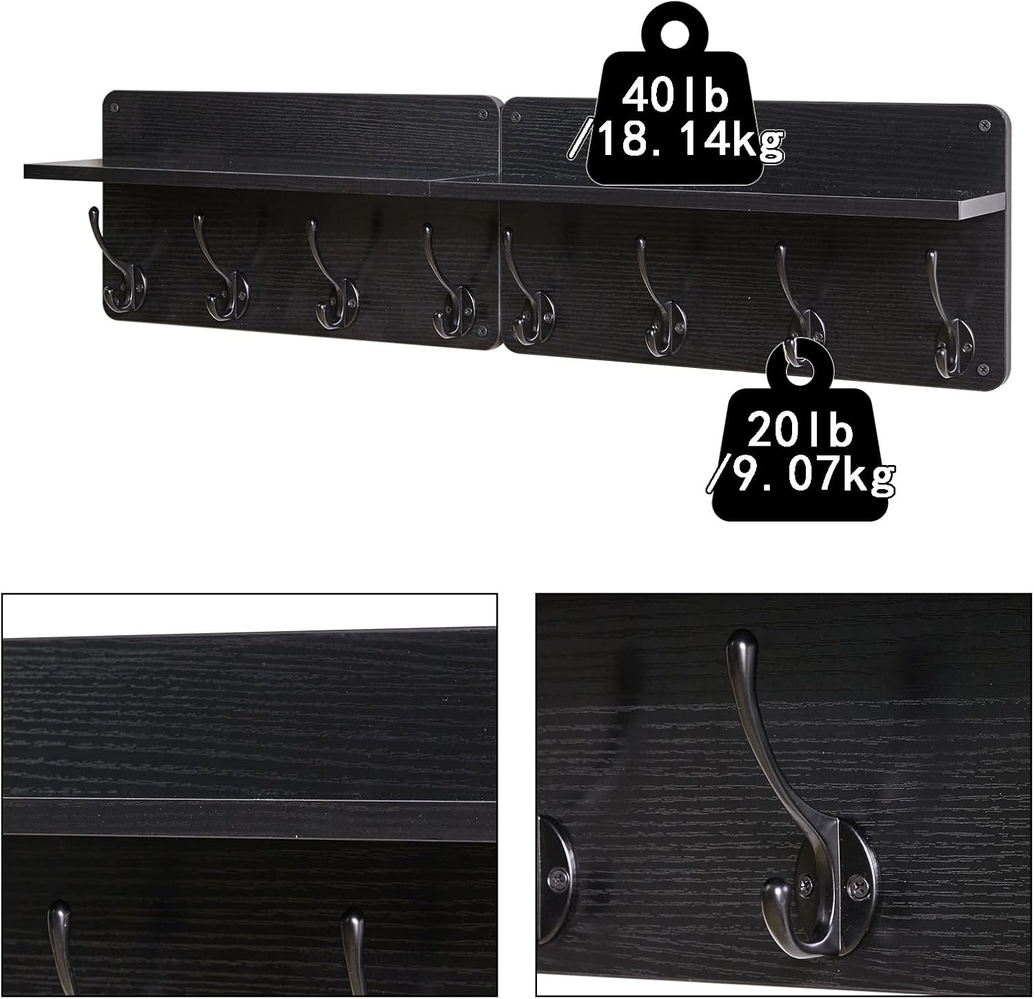 YMYNY Coat Rack Shelf Wall Mounted, Wooden Coat Hooks Set of 2, Entryway Coat Hanger with 8 Hooks,31.5''L Floating Shelves, Key Holder, for Kitchen, Bedroom, Bathroom, Living Room, Black,UHWS006B-2