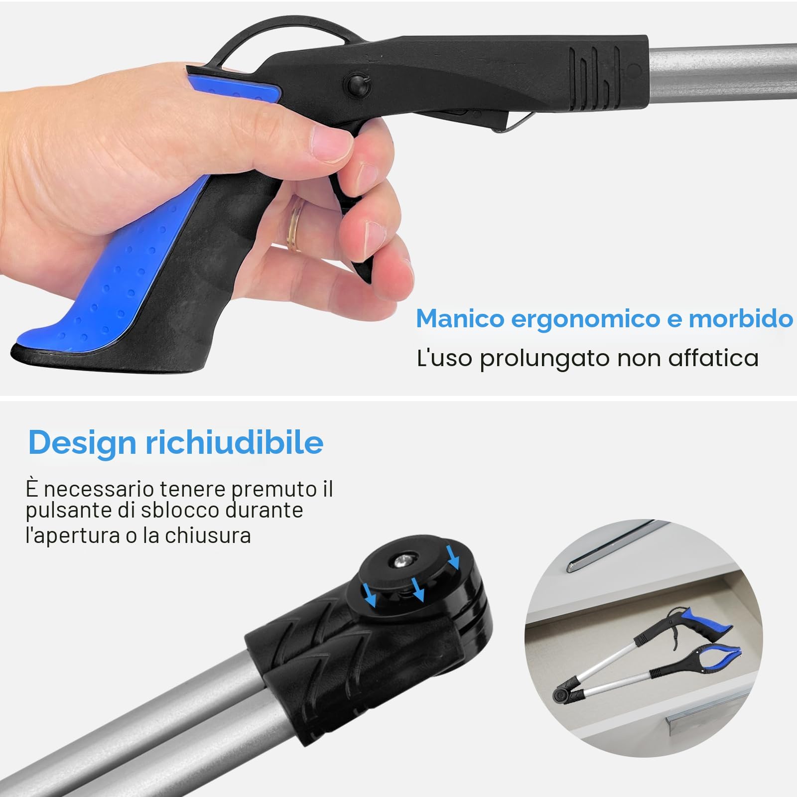 Relota 1 Pezzi Pinza Telescopica Pieghevole 80cm, Testa Rotante 360° Pinza Prensile in Alluminio, Raccoglitore di Immondizia con Punte Magnetiche, Pinza Morsetto in Gomma, Bastone Raccogli Rifiuti