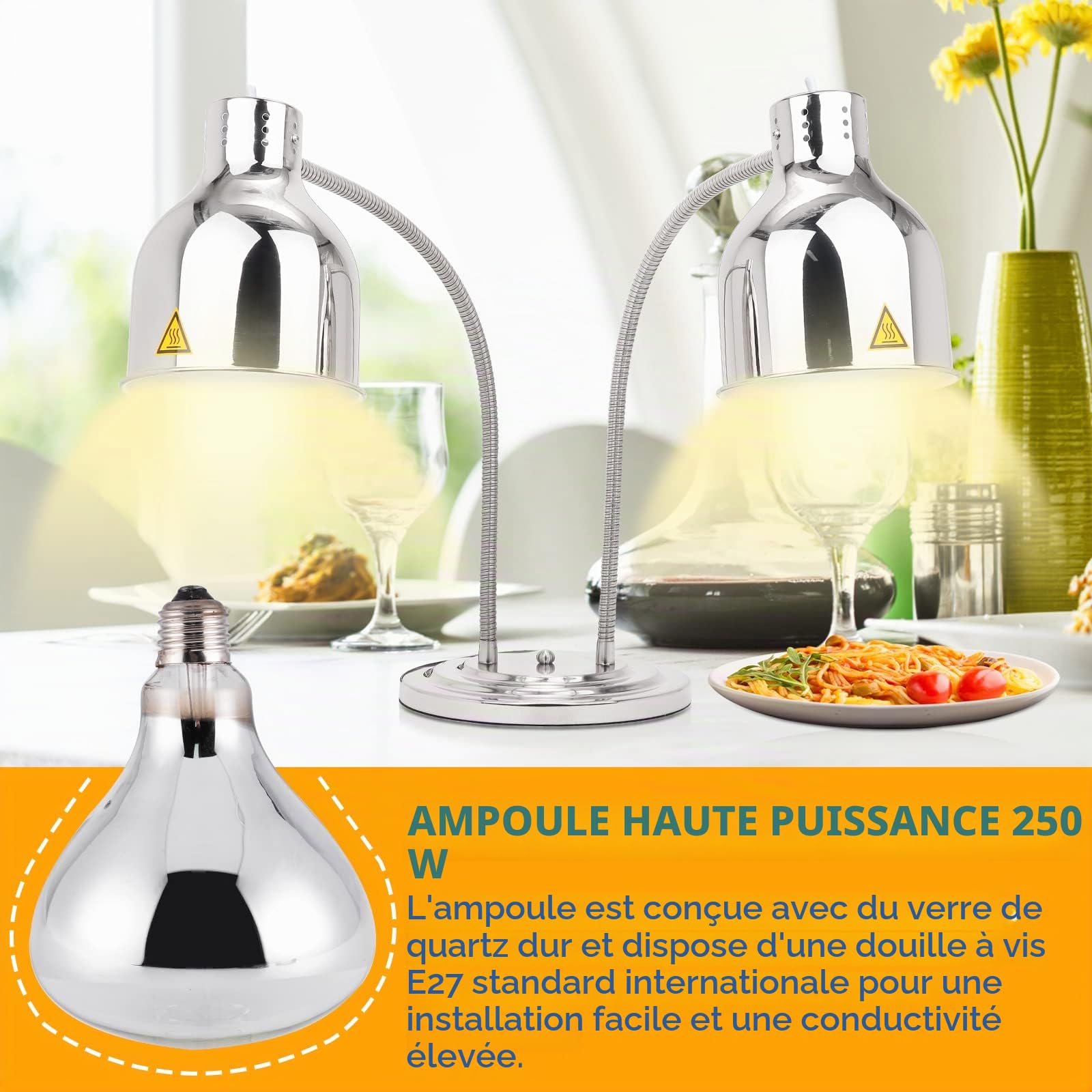 YJINGRUI 250W Self Standing Heating Lamp, Silver 2 Pack | With extendable hose up to 70 cm for buffet, kitchen, restaurant (double bulbs)