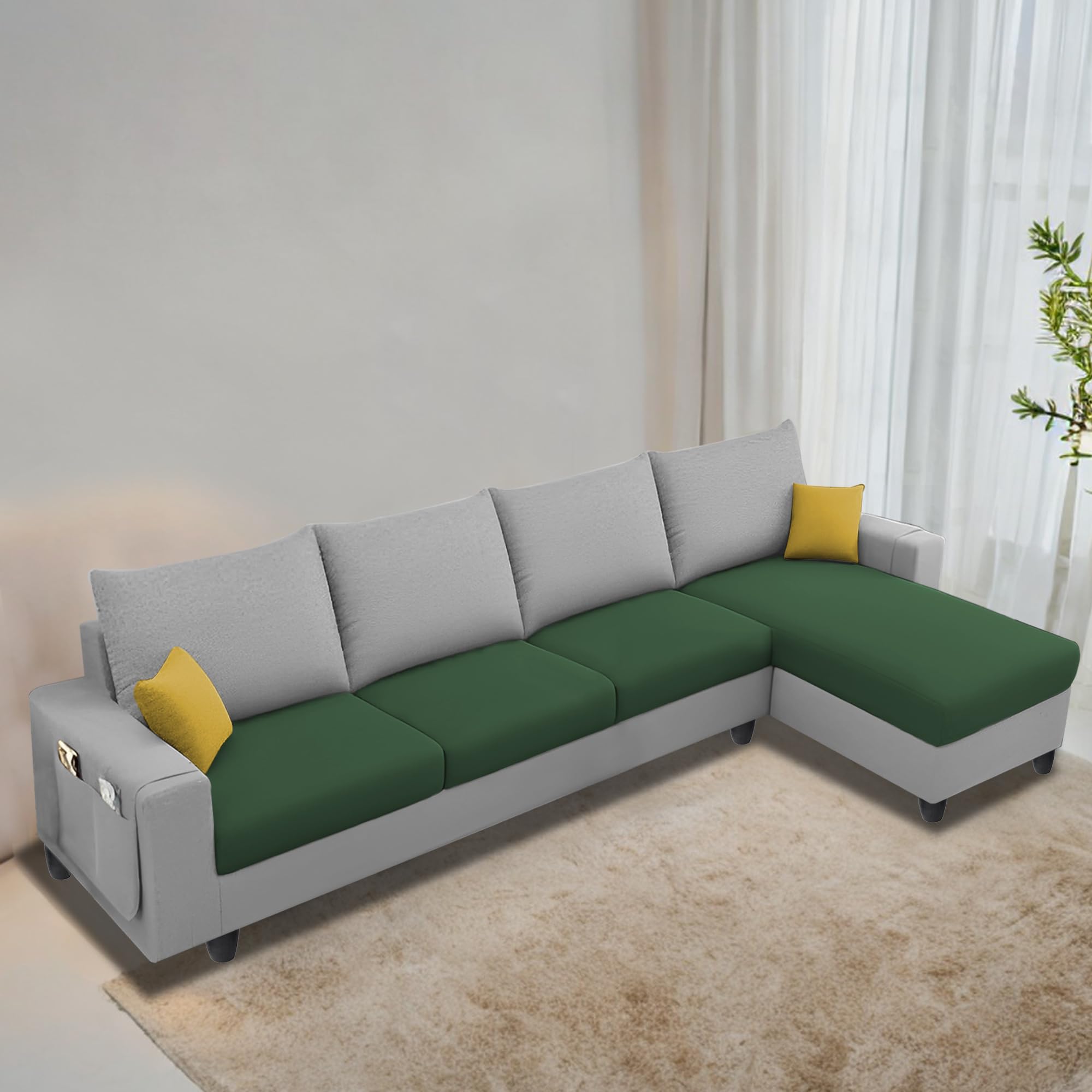Casaliving Porto RHS 6 Seater L Shape Sofa Set for Living Room (Green Grey Fabric) Premium Velvet Fabric