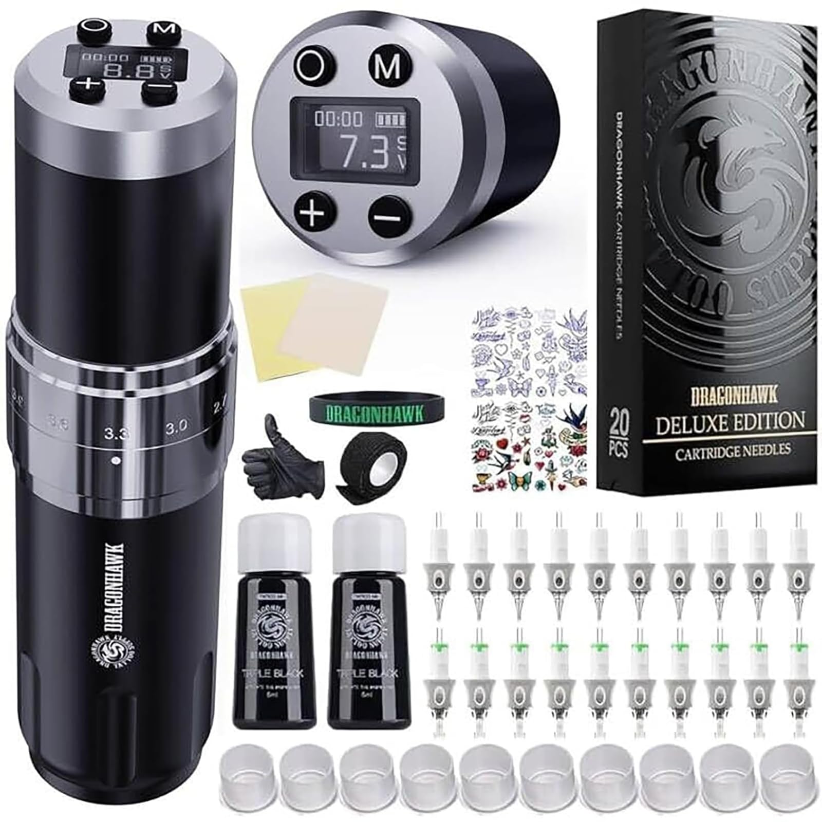 Dragonhawk Tätowiermaschine Set Kabellose Rotations-Pen mit 2 Akkus, Verstellbarer Hub, 20 Tattoo-Nadelkassetten für Anfänger