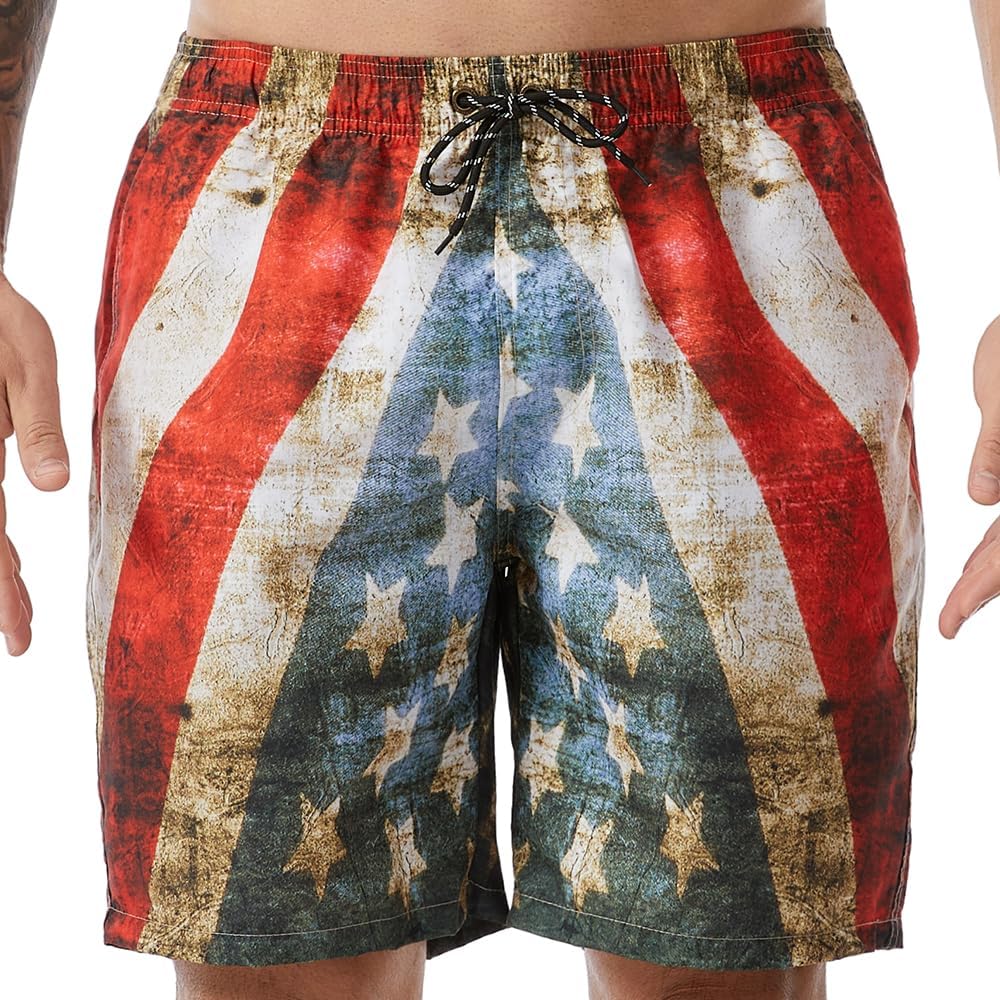 Men's American Flag Swim Trunks Quick Dry Patriotic 4th of July USA Flag Board Shorts with Mesh Lining Pockets