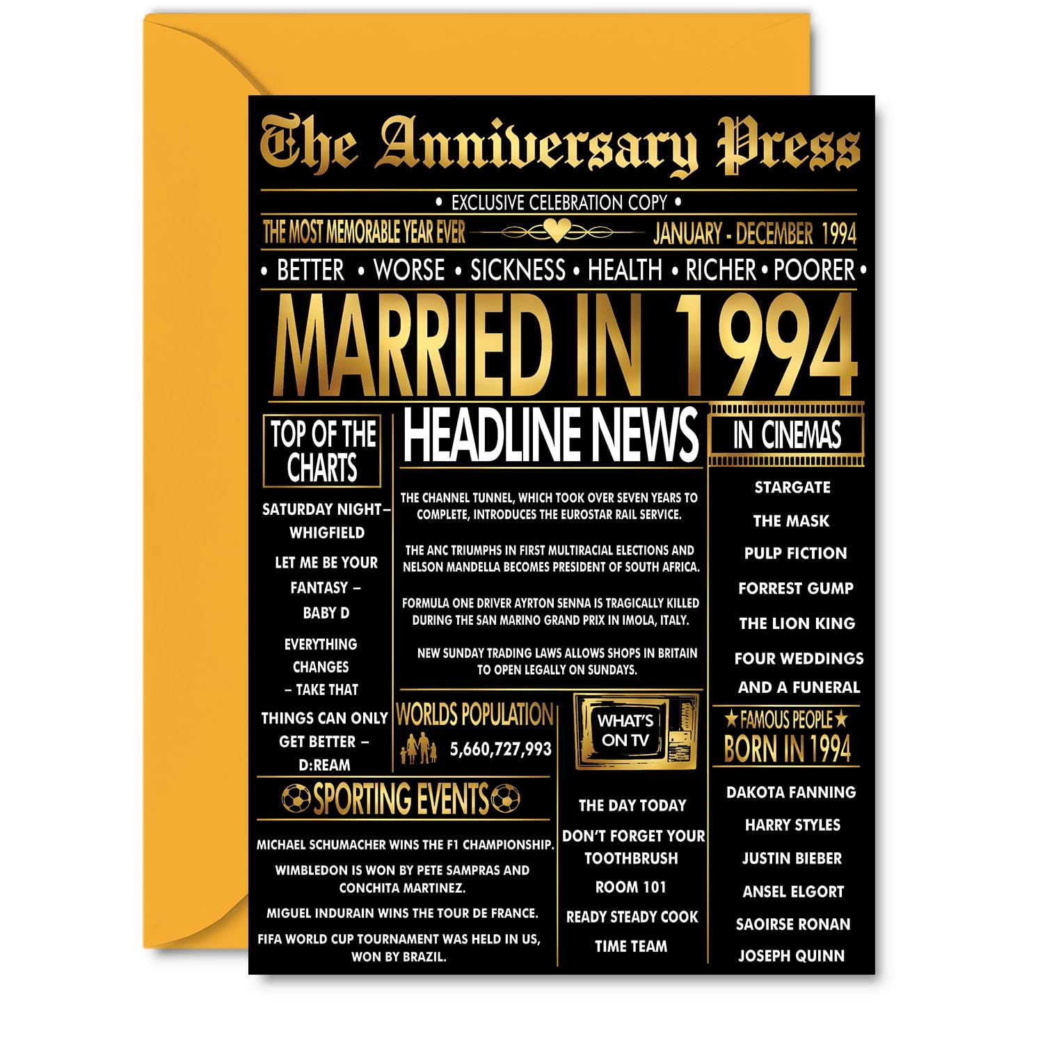 Gold 32nd Anniversary Card for Men Women - Golden Newspaper Married in 1994-32 Year Wedding Anniversary Card for Partner Wife Companion Husband, A5 Anniversaries Greeting Cards