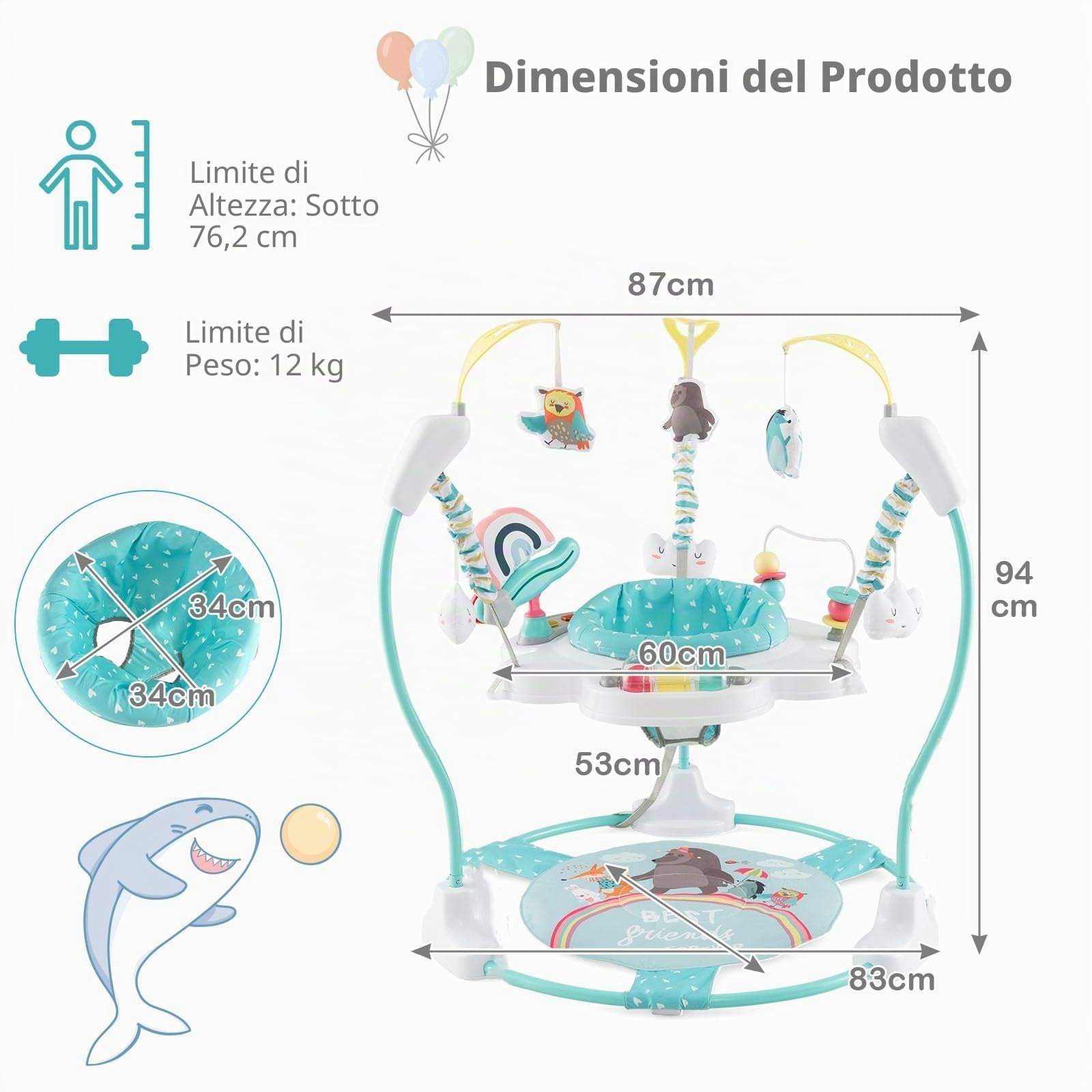 LIFEZEAL Jumperoo Bebe con seduta girevole a 360° e rimovibile, saltatore per bambini, altezza regolabile, 3 posizioni, centro giochi con luce e musica, 9 giocattoli, carico 12 kg, transat comfort