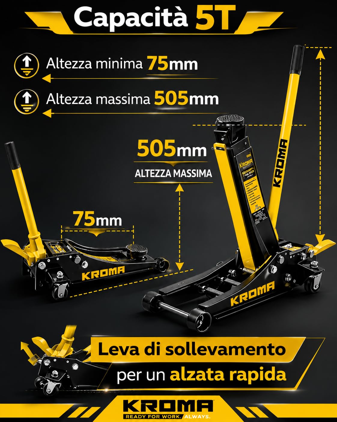 Kroma - Gato hidráulico profesional de 5 toneladas para coche de perfil bajo 75 – 505 mm, doble pistón hidráulico, elevación rápida a pedal, ruedas de metal giratorias