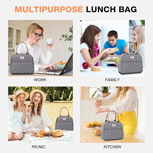Miniatura 7 de Lekesky Lonchera para mujer, lonchera aislada, bonita bolsa de almuerzo a prueba de fugas para el trabajo de adultos, color gris