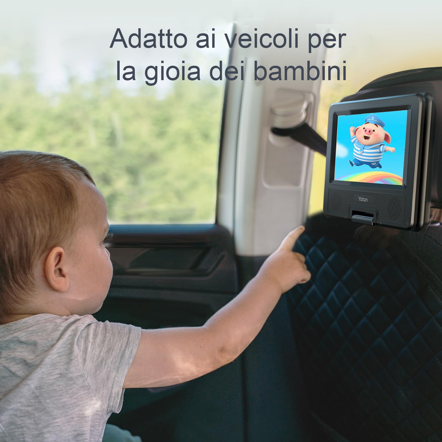 Yoton Lettore DVD Portatile 9,5" HD Schermo Girevole 7,5" Batteria 6 Ore Senza Regione Altoparlanti Potenziati Multiformato Dischi SD USB Sync TV Proiettore