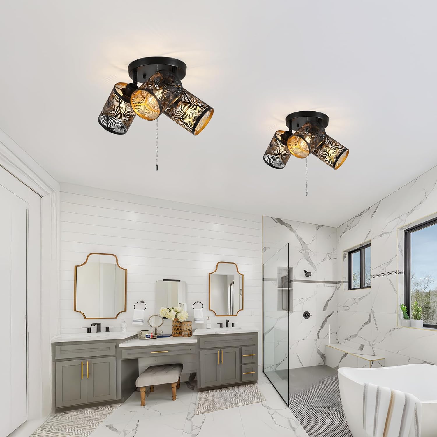 SEEBLEN 3 Light Modern Kitchen Ceiling Light with Pull Chain,Black Round Directional Ceiling Spotlight,Farmhouse Flush Mount Pull String Ceiling Light for Kitchen, Laundry, Bedroom, E26 Base.