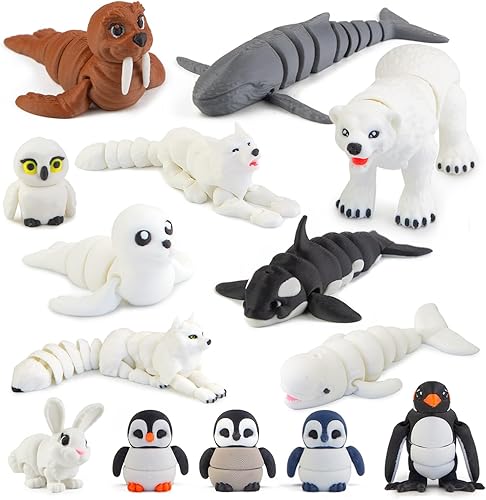 14 figuras de animales árticos impresos en 3D, juguetes de baño articulados de animales polares realistas con oso polar, zorro, pingüino, orca,