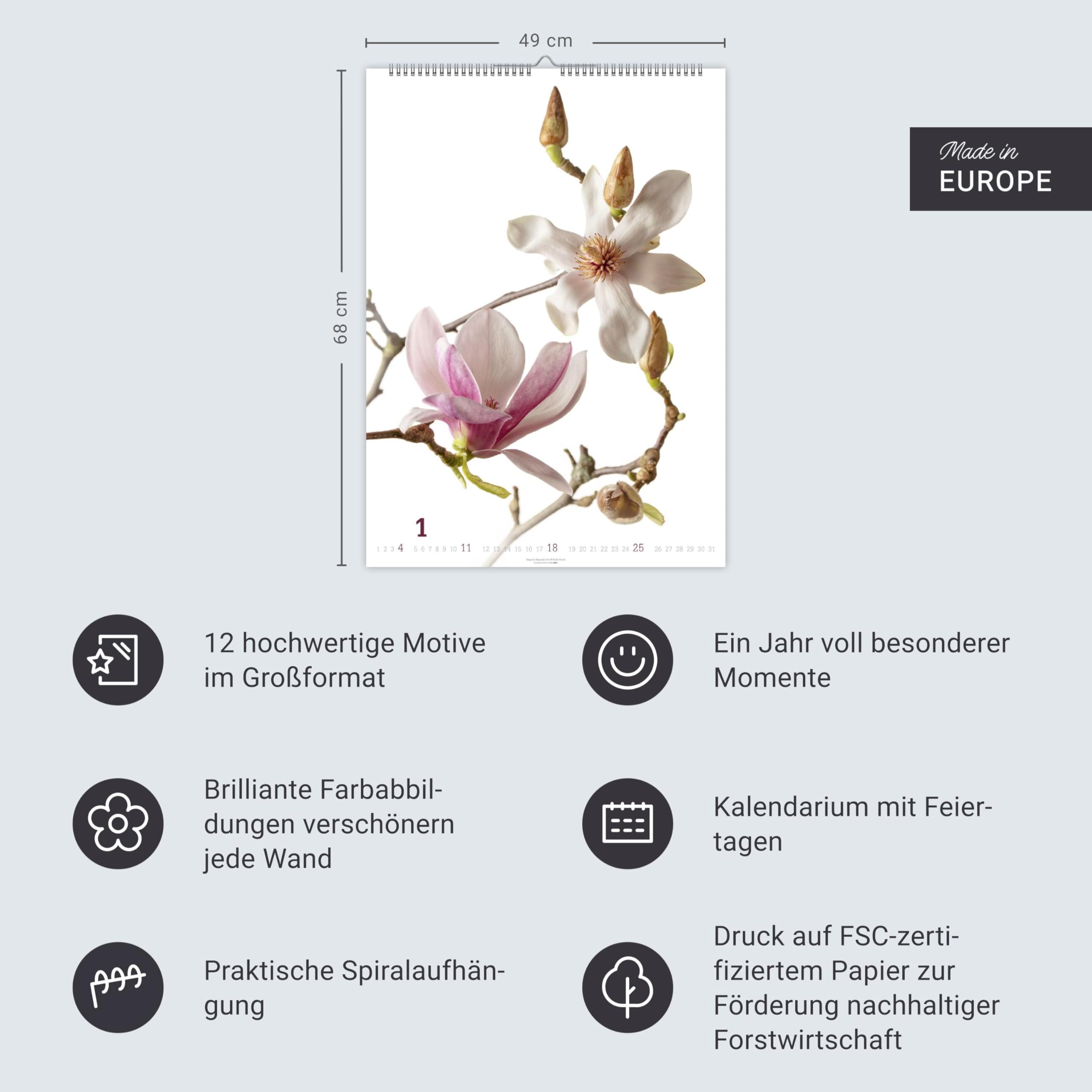 Blütenbilder Kalender 2026: Großer Jahres-Wandkalender mit stilvollen Fotos prachtvoller Blüten. Blumen-Kalender für die Wand. 49 x 68 cm. Hochformat