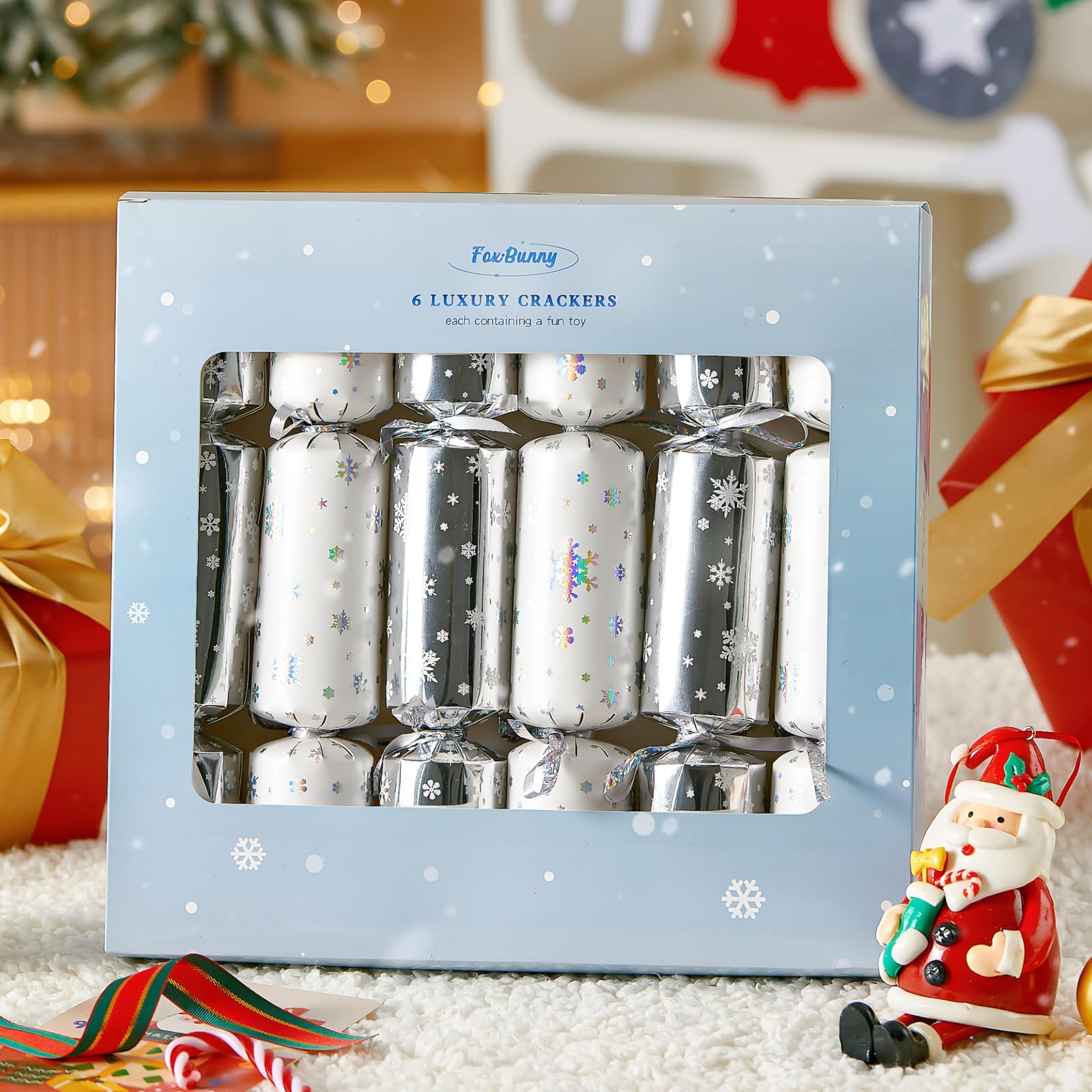 FoxBunny 6Pcs Christmas Crackers, Crackers with Party Hats Jokes and Gifts Fidget Toys Wind Up Toys (Silver & White)