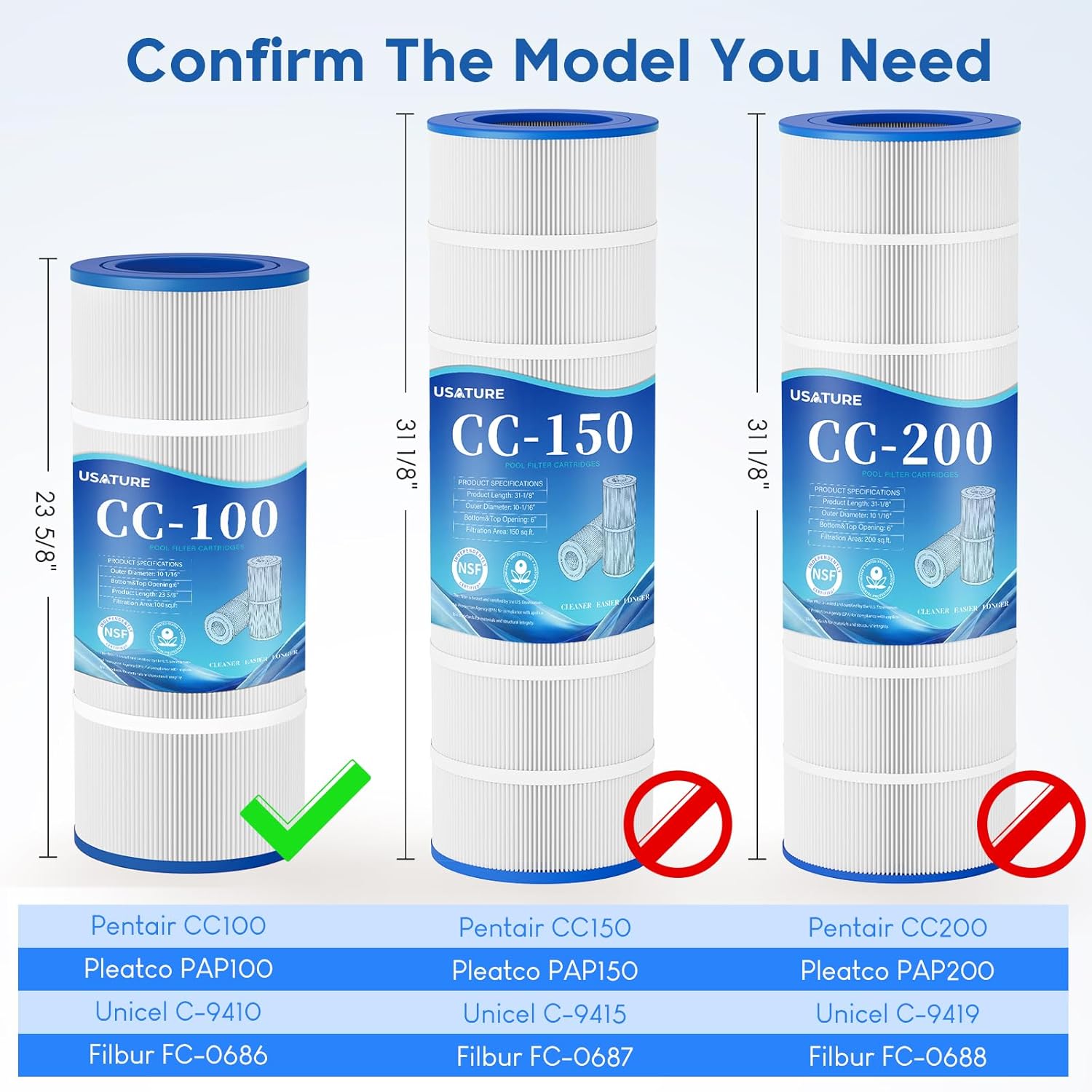 CC100 Pool Filter Cartridge Replacement for Pentair Clean & Clear 100, CC100, R173215, Pleatco PAP100, Unicel C-9410, Filbur FC-0686, 100 sq. ft Cartridge, L x OD: 23-5/8" x 10-1/16"