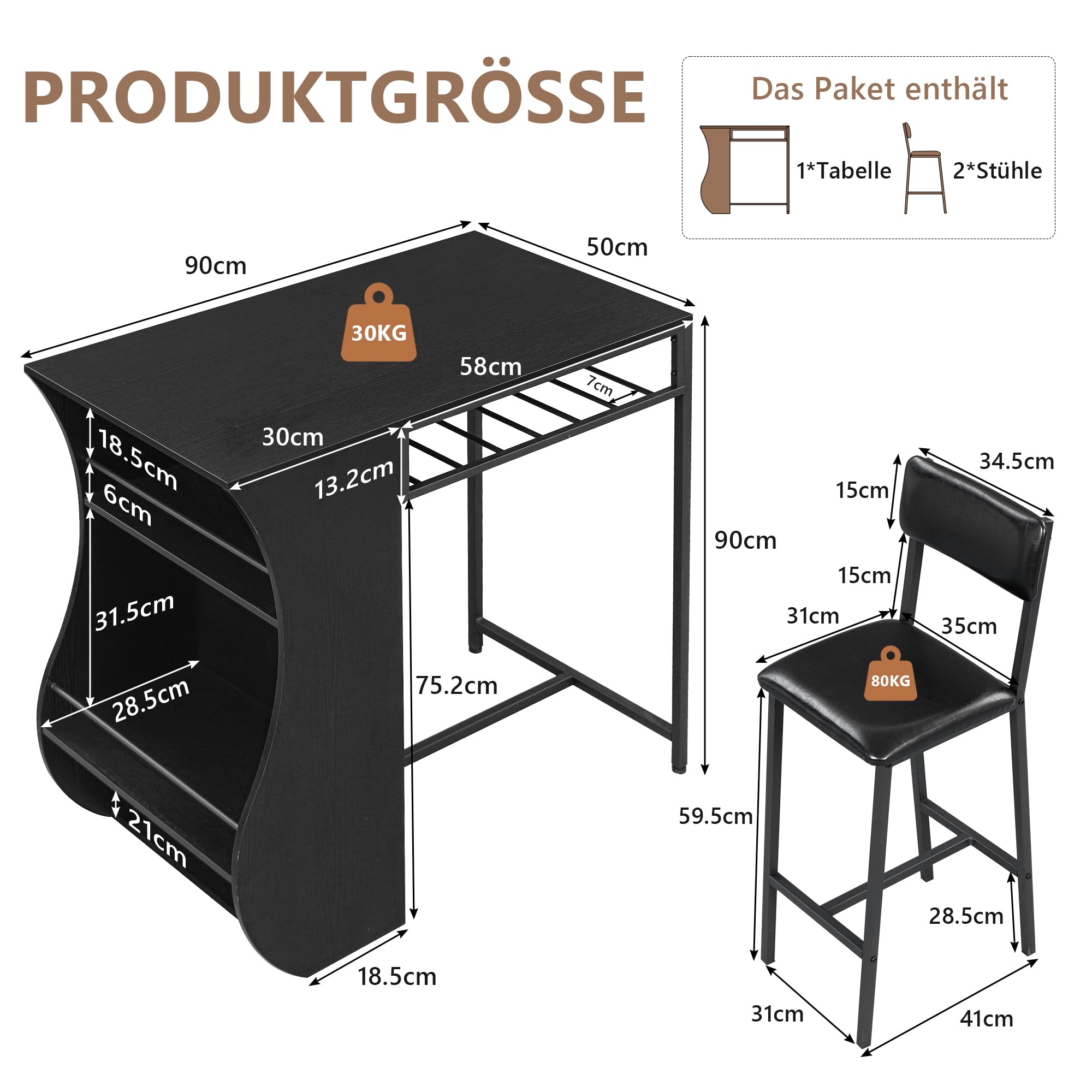 FEONASE 3-teiliges Bartisch mit Barhocker Set, Bistrotisch mit 2 Stühlen und 2-stöckigen Aufbewahrungsregalen & Weinregal, Moden Küche Esstisch mit 2 stühlen für Kleine Räume, Schwarz
