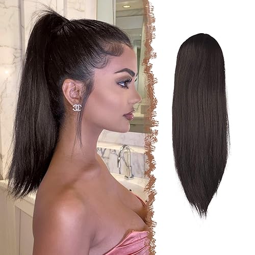 FESHFEN Extensiones de Cola de Caballo Rectas con Cordón, Piezas de Cabello Sintético para Cola de Caballo, Postizos Capilares para Mujeres, Marrón