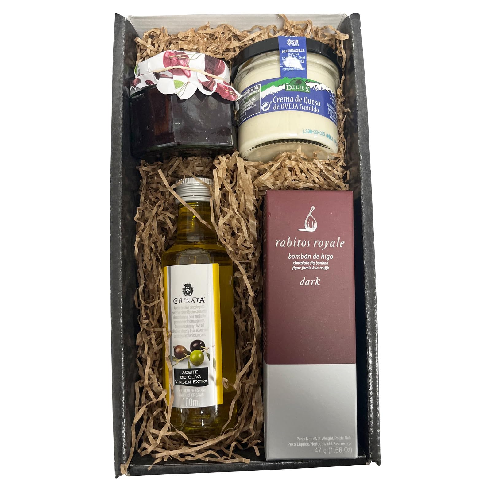 Estuche Regalo con Productos Gourmet Naturales para Regalo con AOVE de 100 ml, Rabitos Royale, Crema de Queso de 100 gr, Mermelada de cerezas con cacao