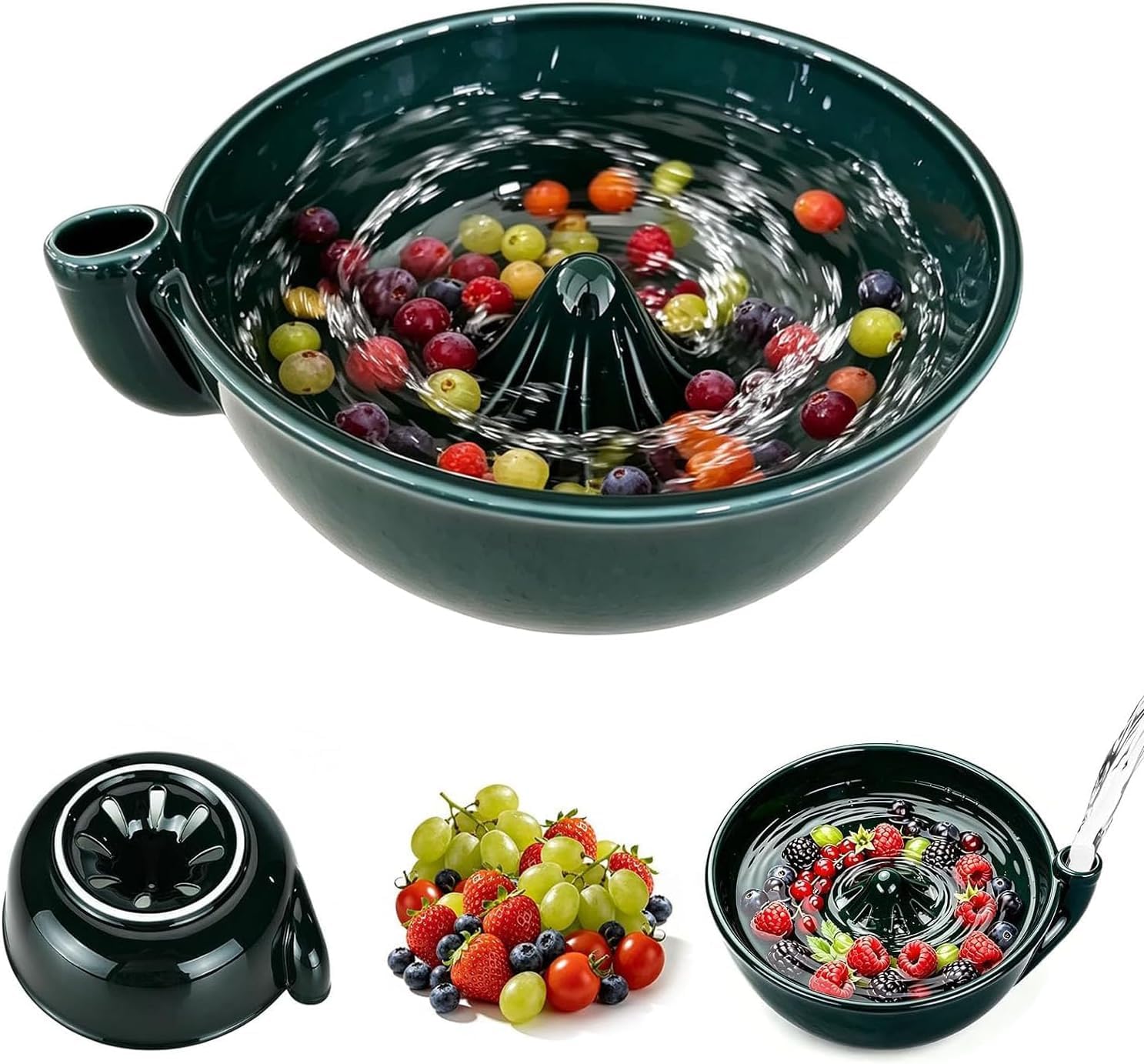 Self-Spinning Berry Washing Bowl, Glazed Ceramic Berry Bowl with Raised Center and Drainage Holes, Fruit Rinse Colander for Strawberries, Blueberries, Grapes, Cherry Tomatoes and Small Produce
