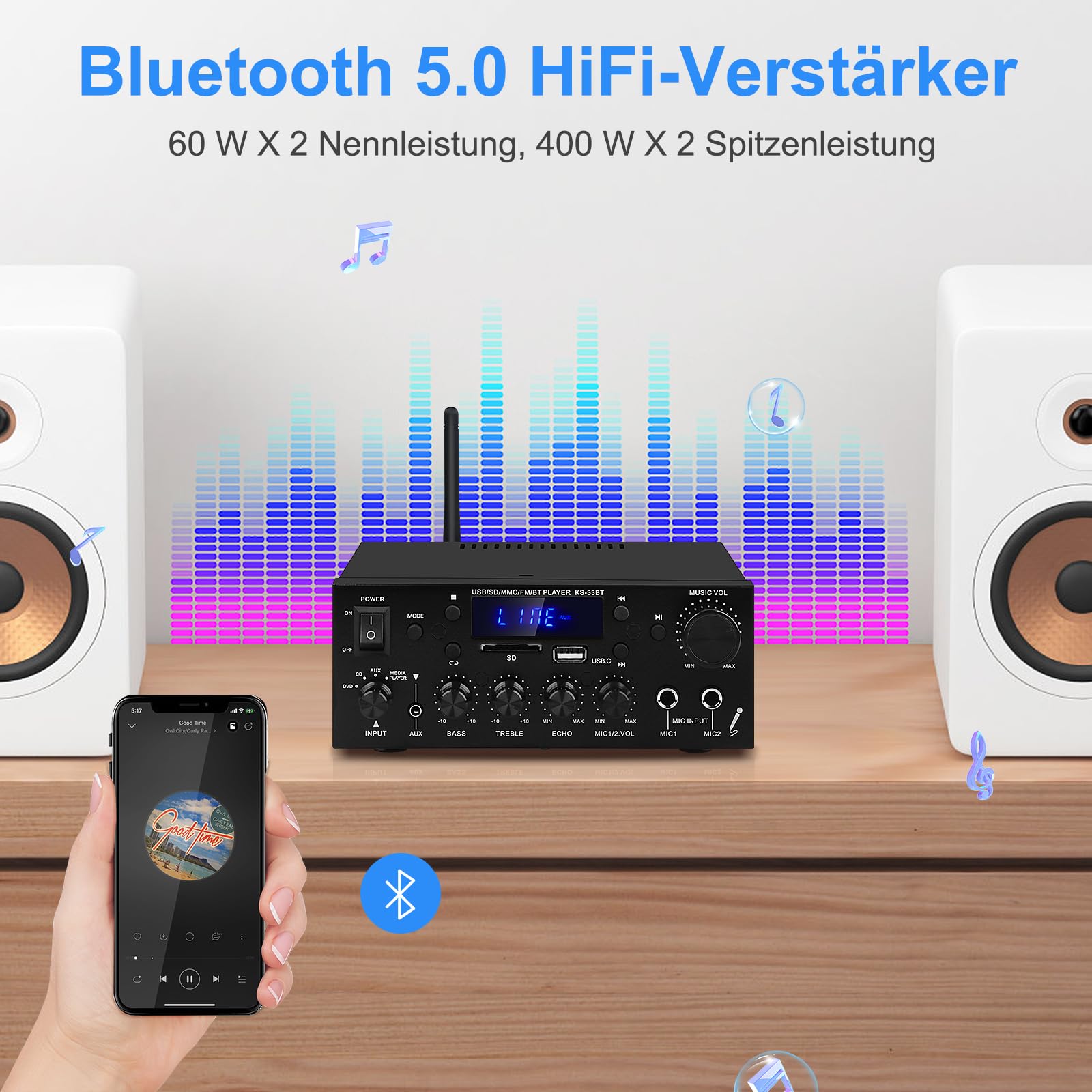 Amplificador de audio para el hogar, KS-33BT 2 canales Bluetooth 5.0, amplificador HiFi, RMS 60 W x 2 Max 400 W X 2 Amplificadores estéreo receptor W/Echo, USB/SD/AUX/BT.C/FM Micrófono para cine en