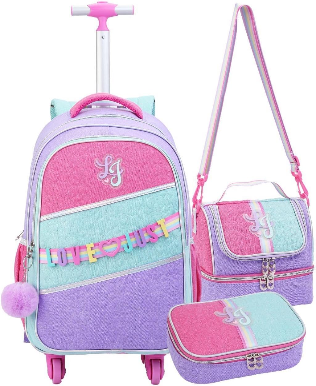 Kit Escolar Infantil com Mochila de Rodinhas, Lancheira Térmica e Estojo Box 100 Canetas, Material Resistente e Seguro, P/Meninas Criança