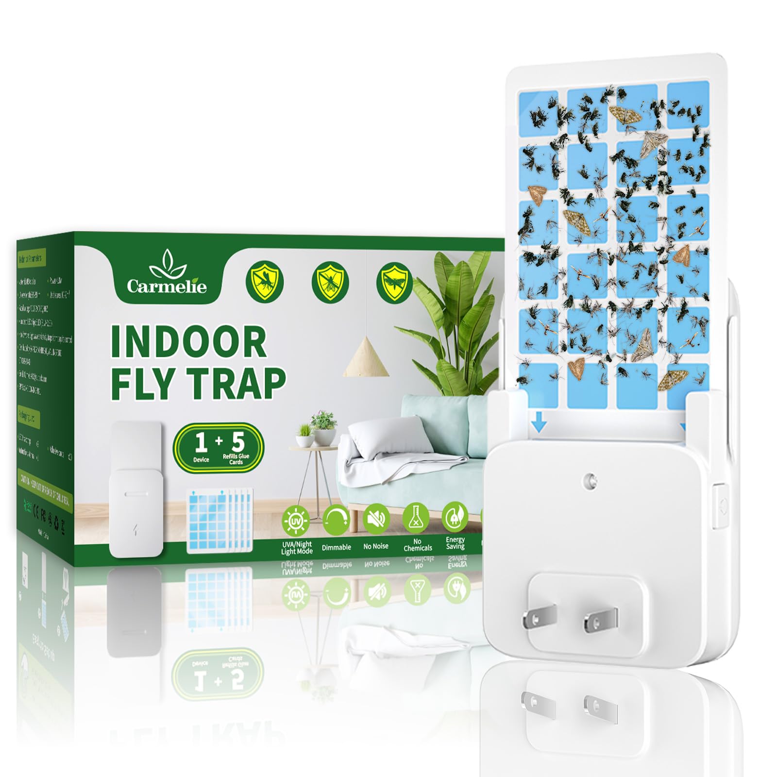 Indoor Fly Trap, Flying Insect Traps Indoor for Home, Plug-in Fruit Fly Traps with UV Attractant Night Light Dimmable Mode, for Fruit Flies Bugs Mosquito Pest, White(1 Device+5 Glue Cards)