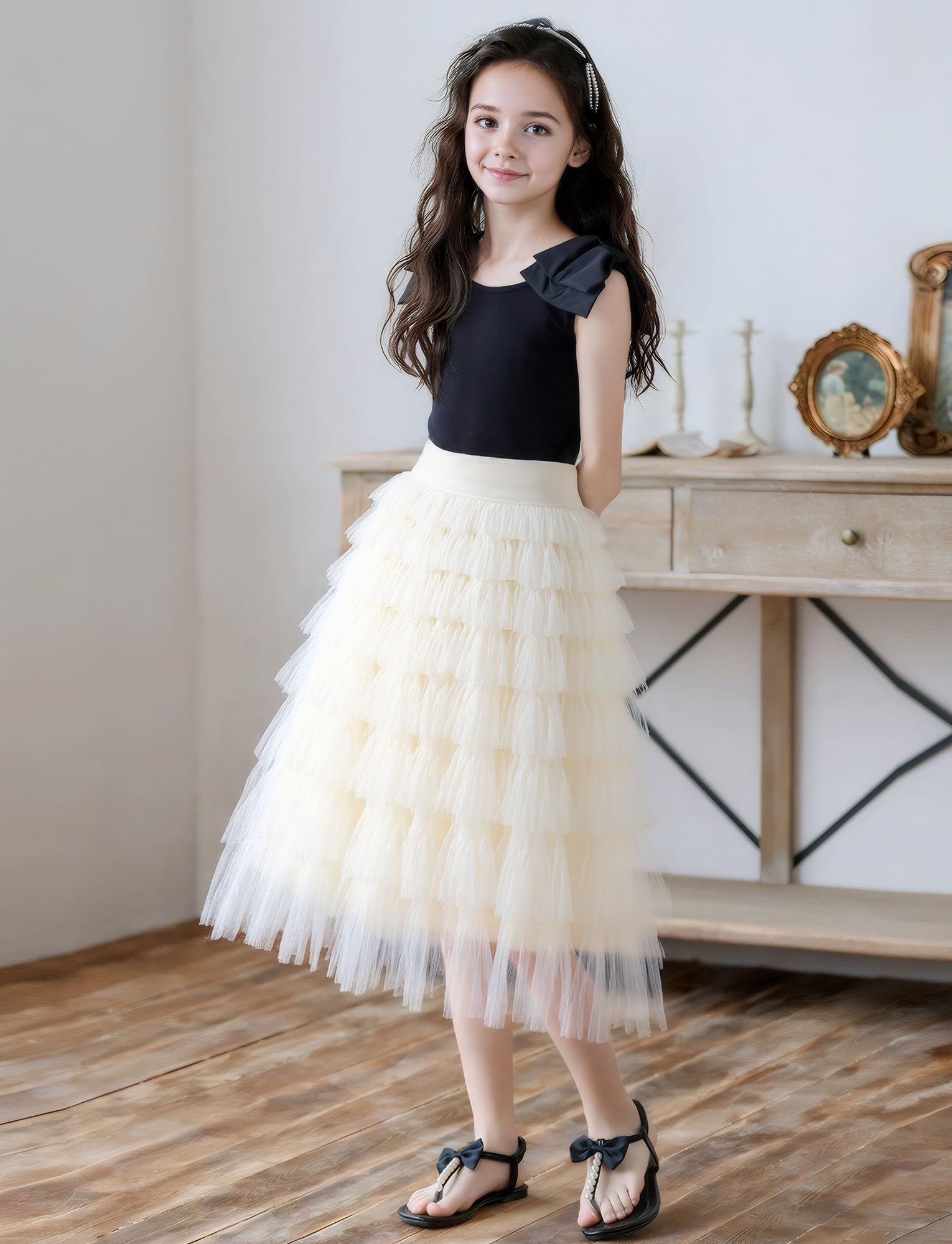 Maeau Jupe Tulle Longue pour Fille, Jupe Taille Élastique A-Line Oscillante, Jupes Dentelle Décontractée Élégante à Doublure Souple, Confort, 5–13 Ans/120-160cm