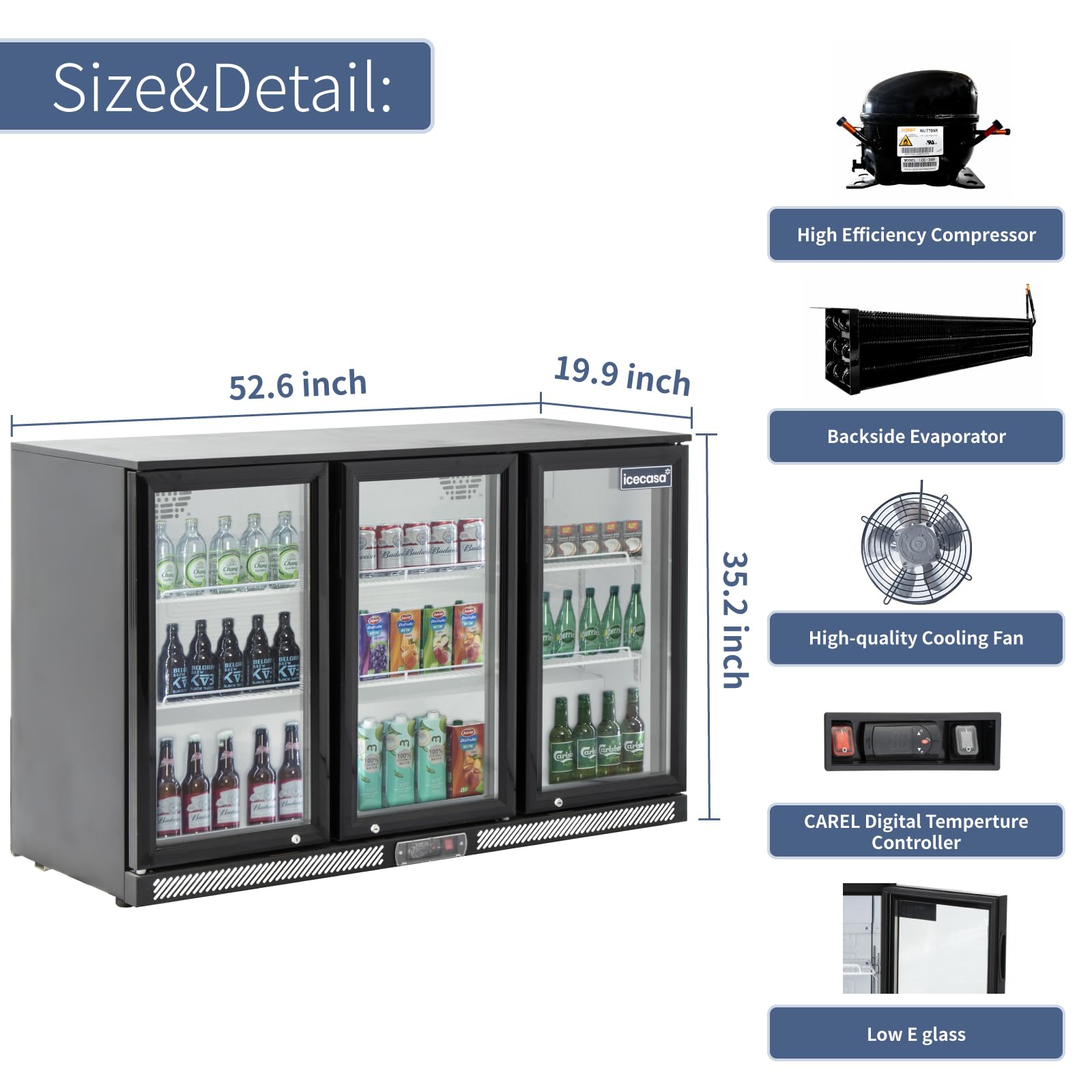 Beverage Refrigerators 3 Glass Door Back Bar Refrigerator Commericial Counter Height Refrigerator Merchandiser 11.7Cu.ft for Soda Beer