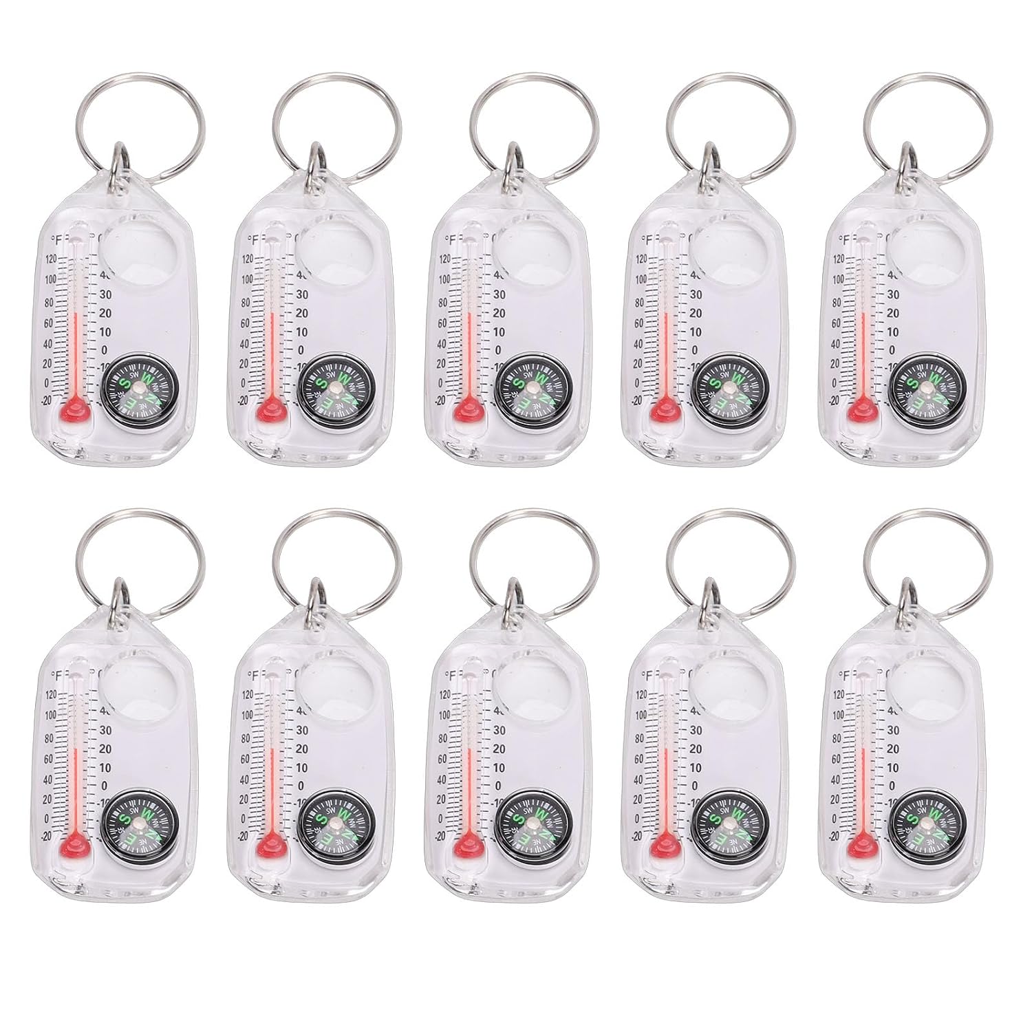 10PCS Multifunctional Pocket Compass - Keyring Thermometer Magnifying Glass for Hiking
