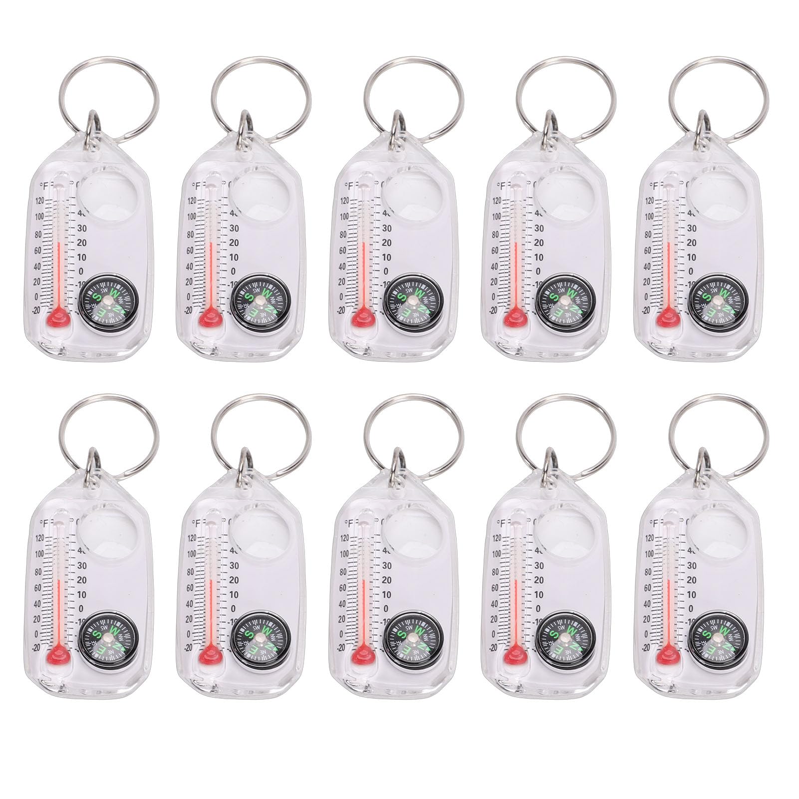 Keenso Compass Thermometers,Multi Functional Keyring Magnifying Glass Compass Thermometer for Hiking Camping