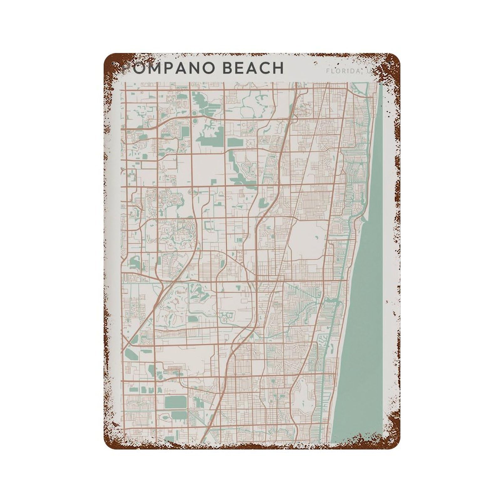 xiaoxiaoshen Pompano Beach Map Florida Travel Gift Farmhouse Decor Wall Decor Art Metal Tin Poster Modern Home Decor Art Home Bar Shop Decorations Vintage Sign 40x30cm