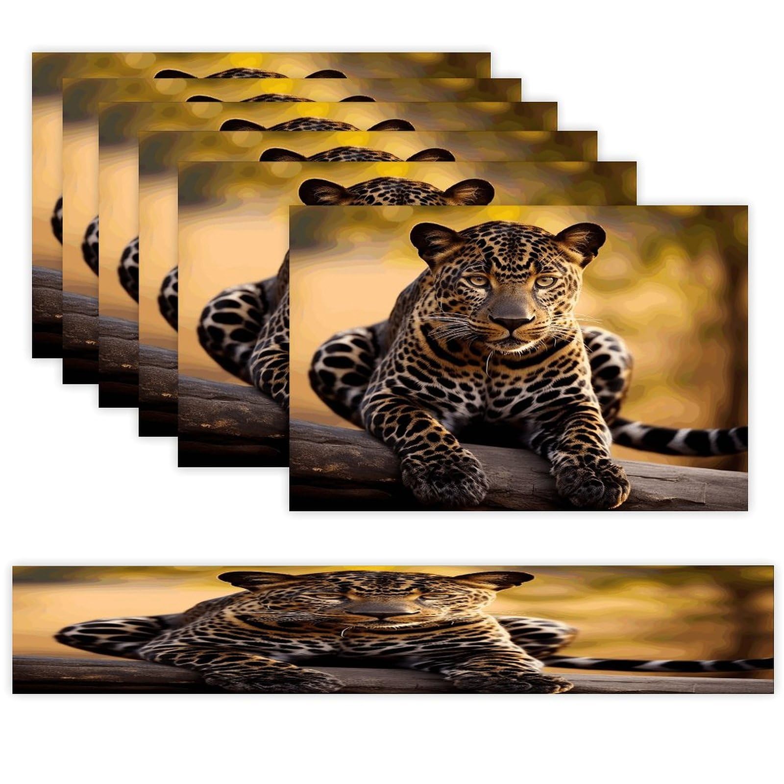 Africa Nature Leopard Table Runner and Placemats Set of 6 Wipe Clean Heat Resistant Table Mat with Table Runner Decorations Flax Linen Place Mat Set for Home Kitchen Party Supplies
