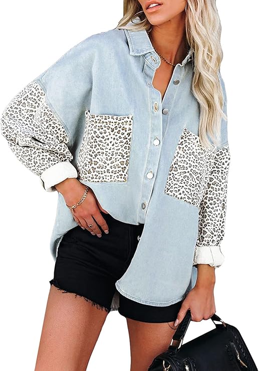 Dokotoo Blouses surdimensionnées à manches longues en denim pour femme Motif léopard
