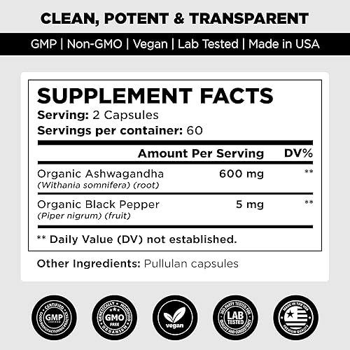 Miniatura 3 de Ashwagandha orgánica con pimienta negra - 60 cápsulas vegetarianas  Suplemento energético orgánico de Ashwagandha  Cápsulas de Ashwagandha puras