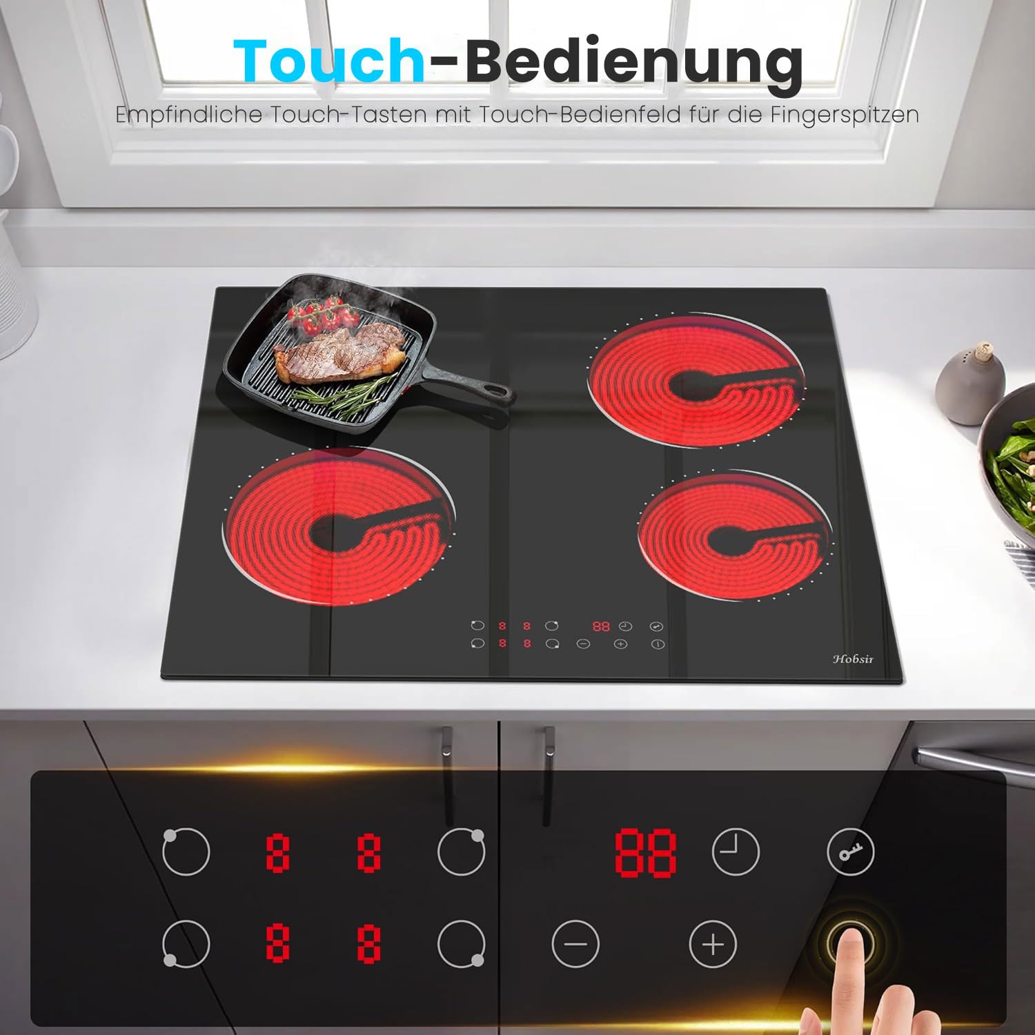 Glaskeramikkochfeld 4 Zonen 60cm 6000W 9 Leistungsstufe Sensor-touch Control Autark verkabelt