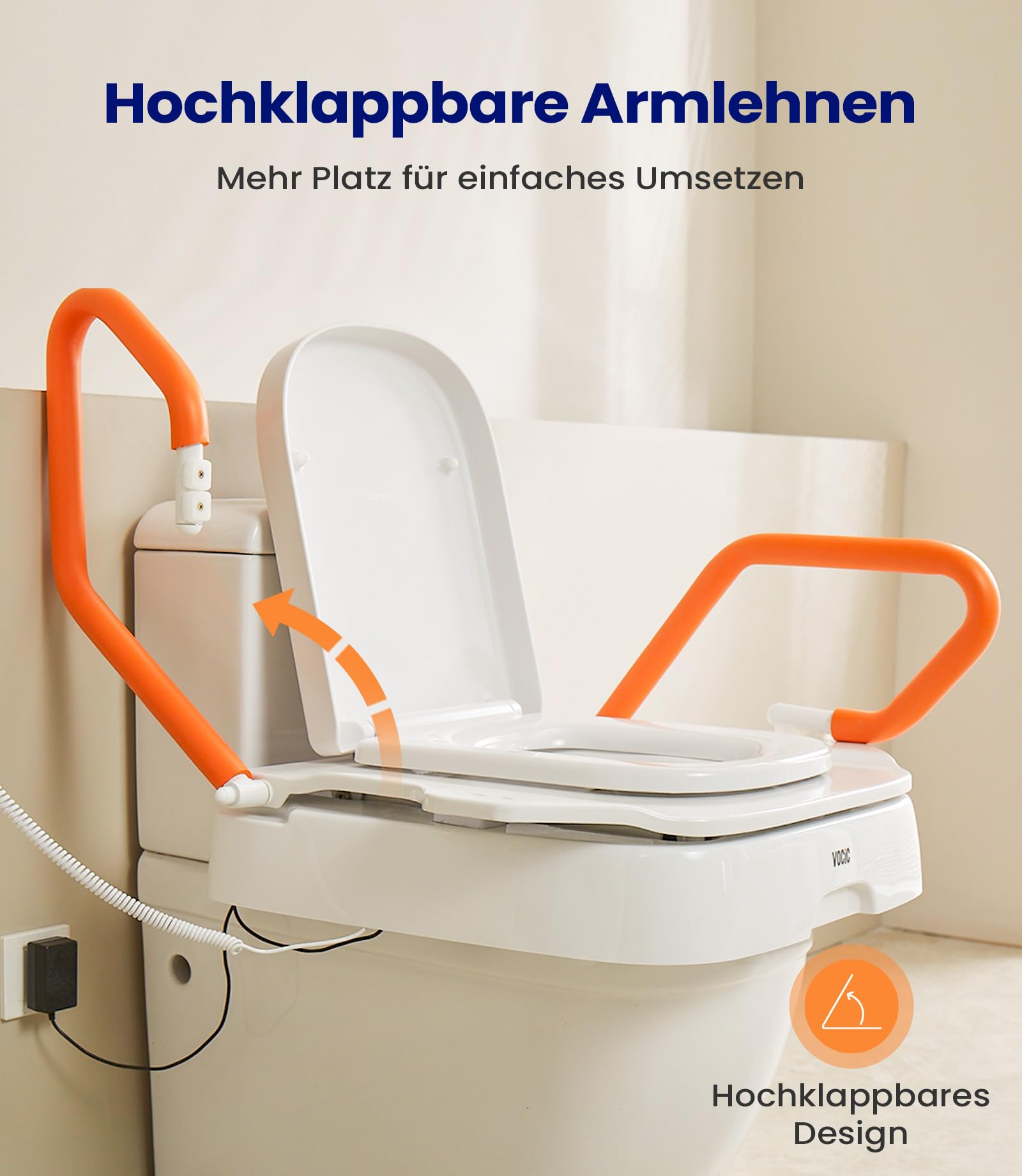 VOCIC Toilettensitzerhöhung elektrisch AX12, WC Sitzerhöhung, Toilettenerhöhung, Aufstehhilfe Toilette, bis 150 kg, mit Armlehnen, ergonomische Hebebewegung, für Senioren & Erwachsene