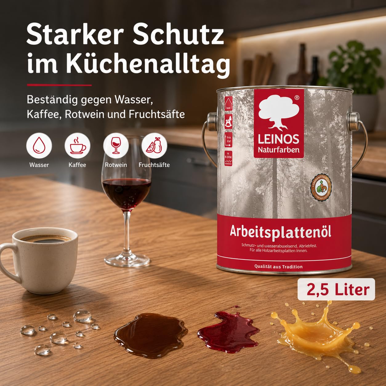 LEINOS 280 Arbeitsplattenöl 2,5 l Dose – lebensmittelecht, Öl für Küche | Imprägniert & schützt Holz nachhaltig gegen Schmutz & Feuchtigkeit – fleckenbeständig gegen Kaffee, Rotwein & Fruchtsäfte
