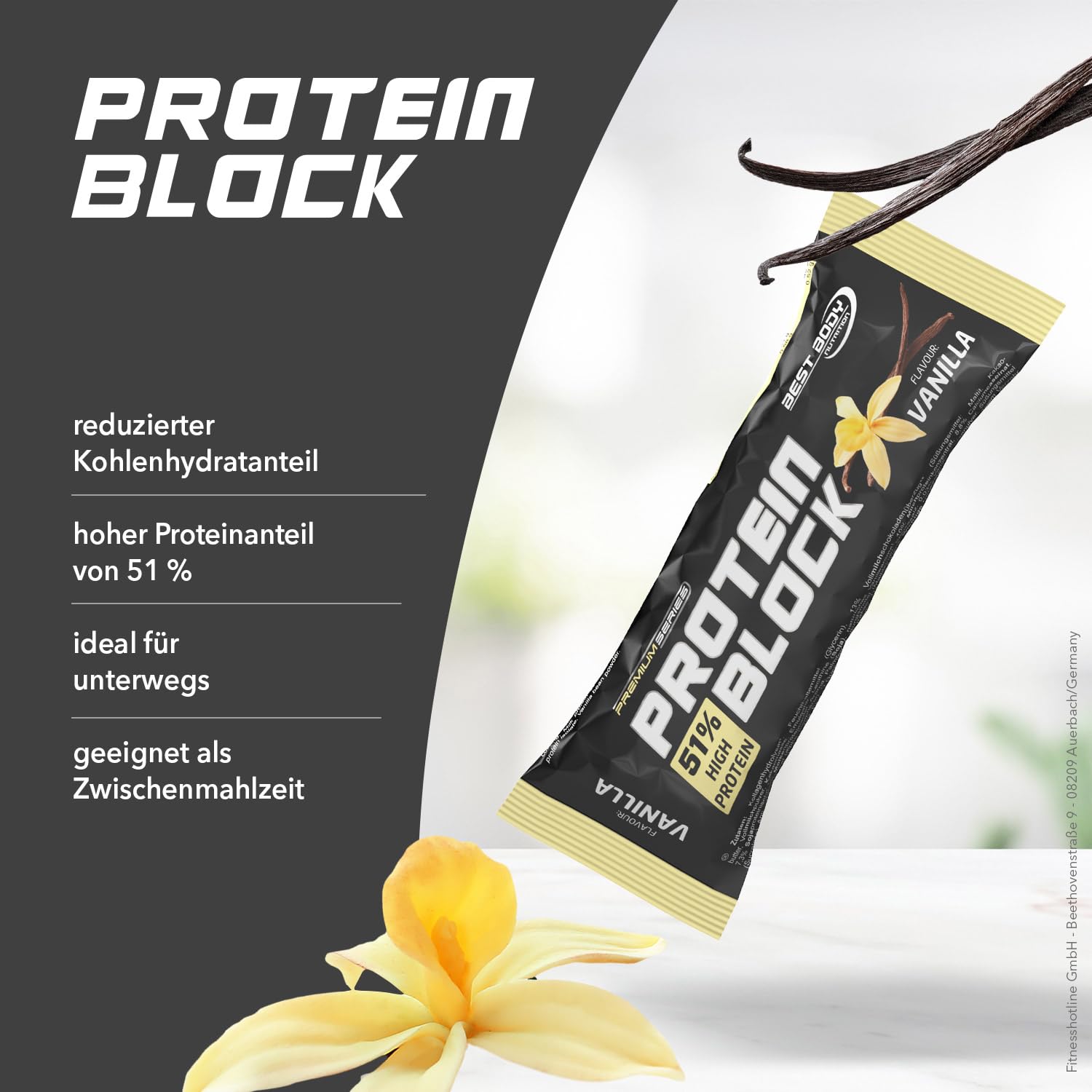 Best Body Nutrition Protein Block Riegel 15x90g Vanille Proteinriegel mit 51 % Eiweiß – Mit Vanillegeschmack & Schokoladenüberzug, Ohne Zuckerzusatz, Aspartamfrei, Eiweiß Snack unterwegs