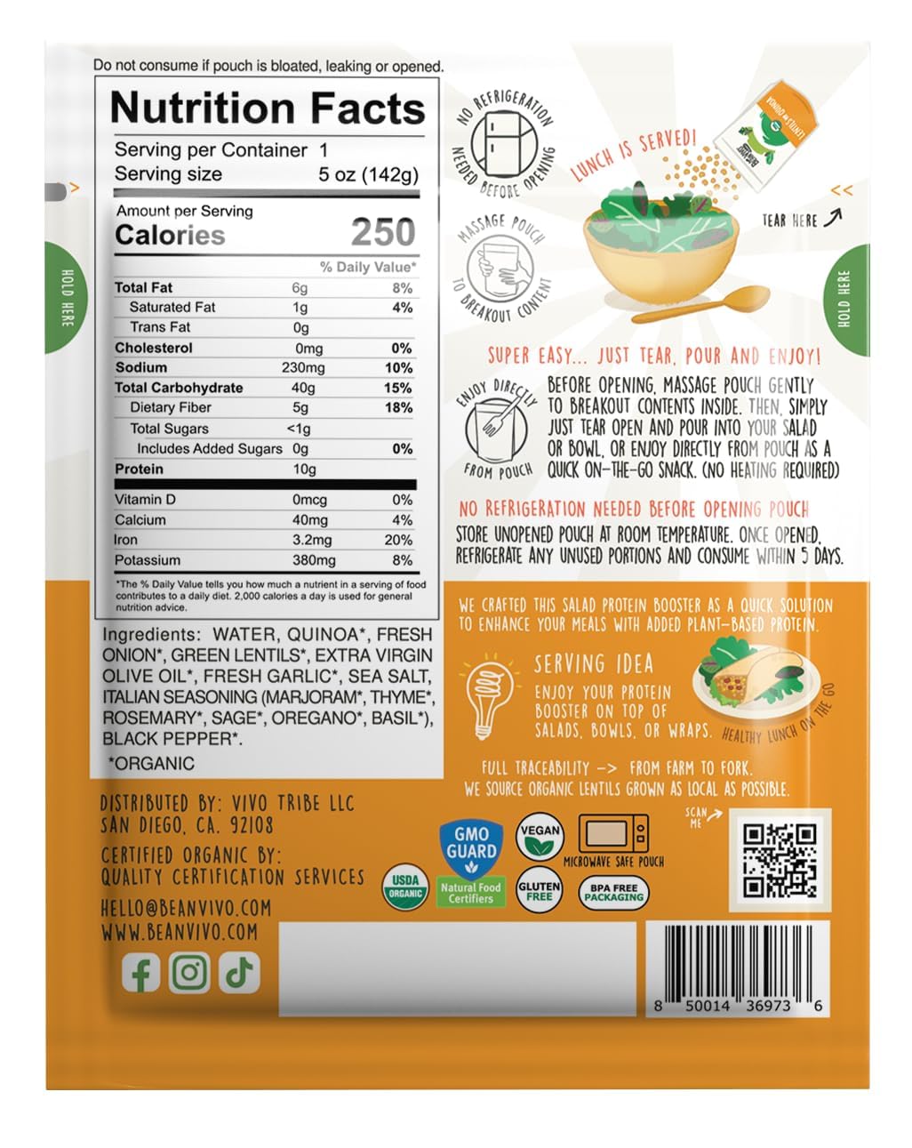 BeanVIVO 6-Pack Salad Protein Booster - Organic cooked Lentils & Quinoa with Garlic & Herbs, delivering a burst of taste and 10g of protein-packed goodness in every pouch 5oz