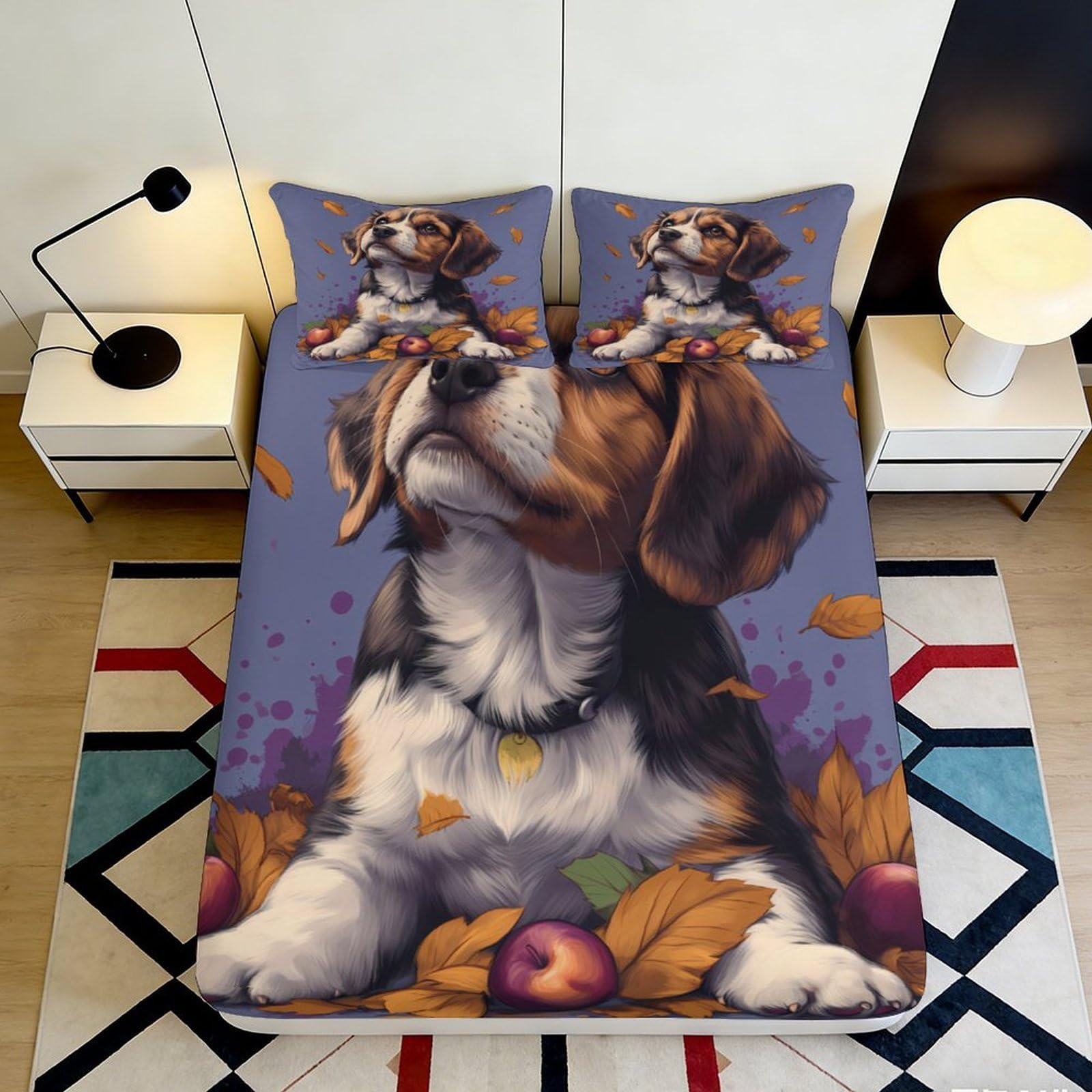 3D Printed Beagle Dog Autumn Leaves Fitted Sheet Microfiber Soft Bed Cover for Bedroom Guestroom Mattress Decor 90x200x25cm