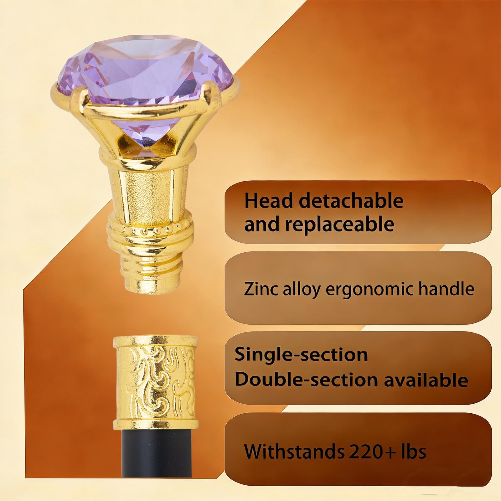 Bastón Dorado Elegante con Piedra Morada Clara, Decorativo de Lujo para Caballero, Cosplay & Eventos Formales 93cm