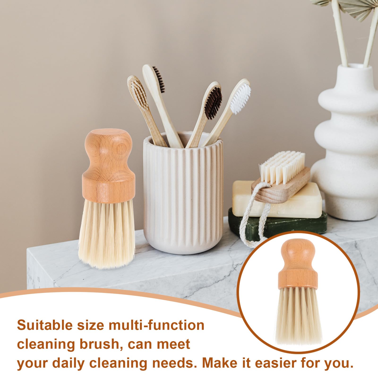 MAGICLULU Soft Bristle Cleaning Brush with Wooden Handle, round Dusting Hand Broom for Hair Salon, Car Interior, Keyboard and Bench Cleaning, Comfortable Dust Removal Tool for Indoor Use — view 7