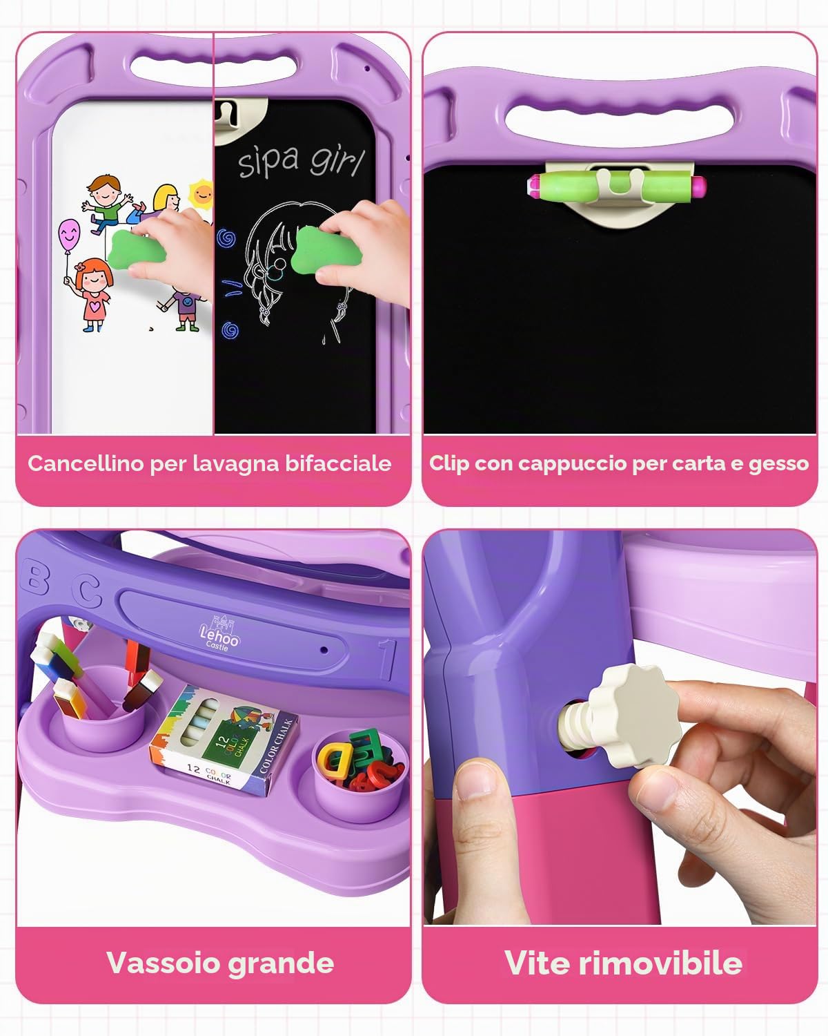 Lehoo Castle Lavagna per Bambini, 4 in 1 Lavagna Magnetica per Bambini, 360° Cavalletto Pitturai Regolabile Altezza, Giocattolo Educativo 3+ Anni(Viola)