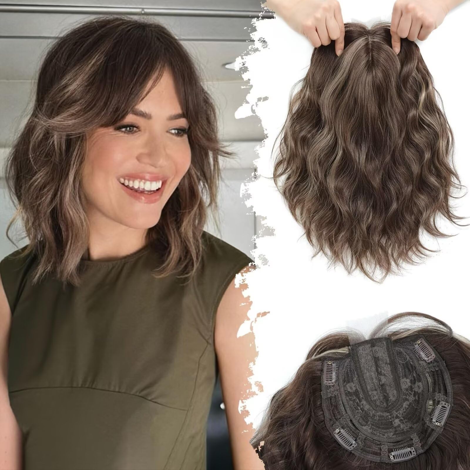 Cabezal rizado de 30 cm, ondulado, con clip, para mujeres con cabello fino, castaño oscuro ceniza con reflejos (P8/16#)
