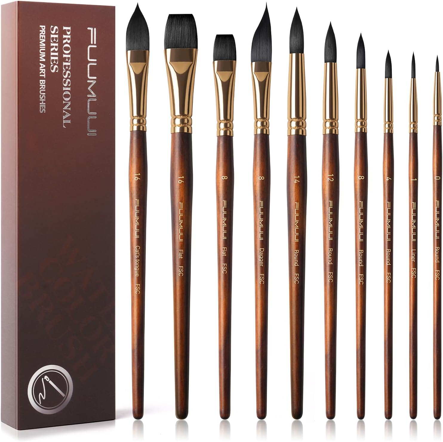 Fuumuui Watercolor Brushes Professional 10Pcs Synthetic Squirrel Hair | Watercolor Paint Brush Set for Artists - Flat, Round Pointed, Dagger, Cats Tongue Oval Wash for Watercolor Gouache Inks Painting