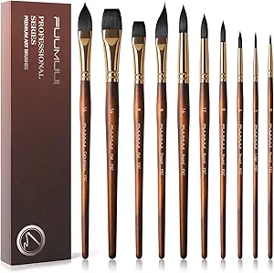 Watercolor Brushes Professional, Fuumuui 10Pcs Synthetic Squirrel Hair Water Color Paint Brush Set for Artists - Flat, Round Pointed, Dagger, Cats Tongue Oval Wash for Watercolor Gouache Inks Painting