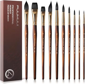 Watercolor Brushes Professional, Fuumuui 10Pcs Synthetic Squirrel Hair Water Color Paint Brush Set for Artists - Flat, Round Pointed, Dagger, Cats Tongue Oval Wash for Watercolor Gouache Inks Painting
