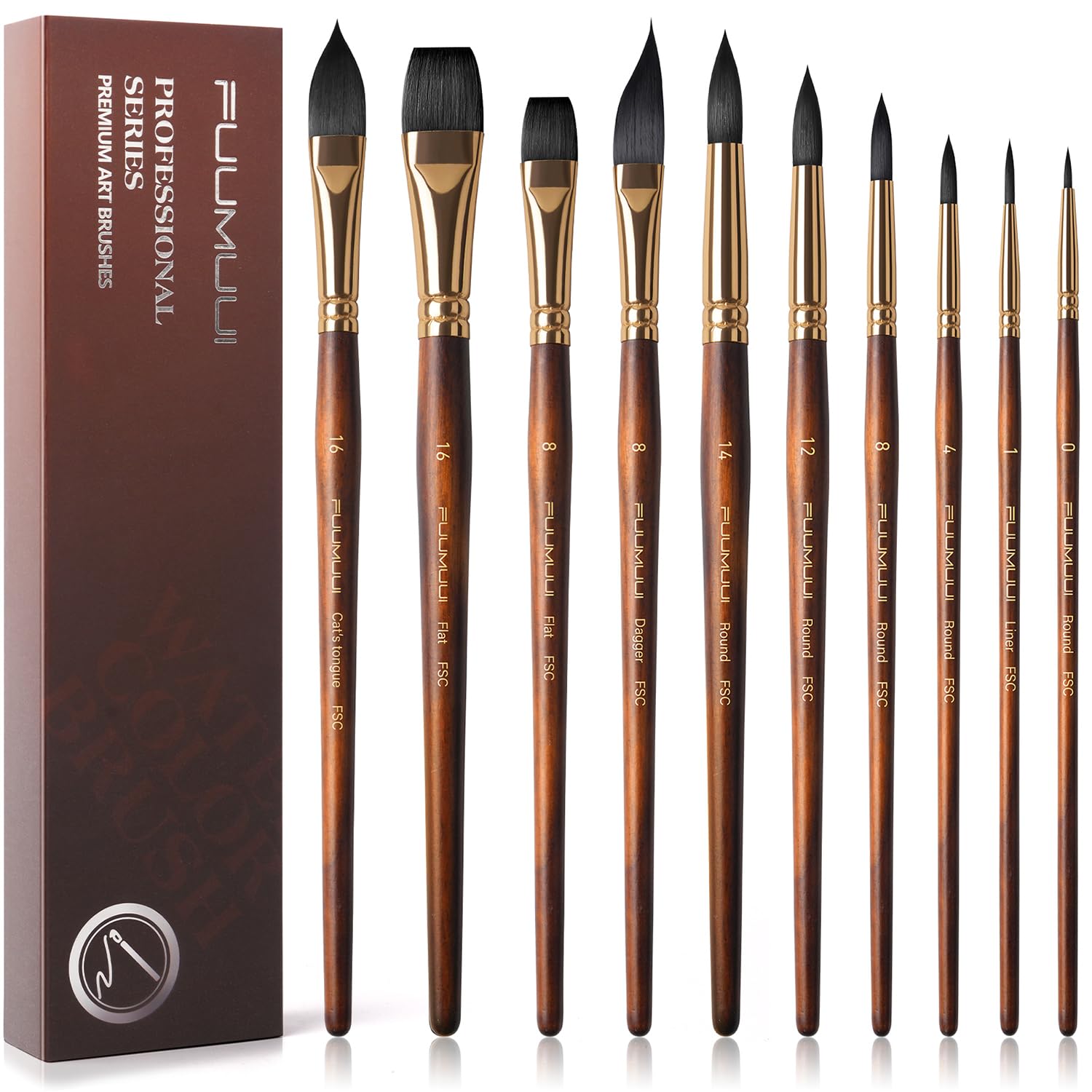 Fuumuui 10pc Synthetic Squirrel Hair Watercolor Brushes