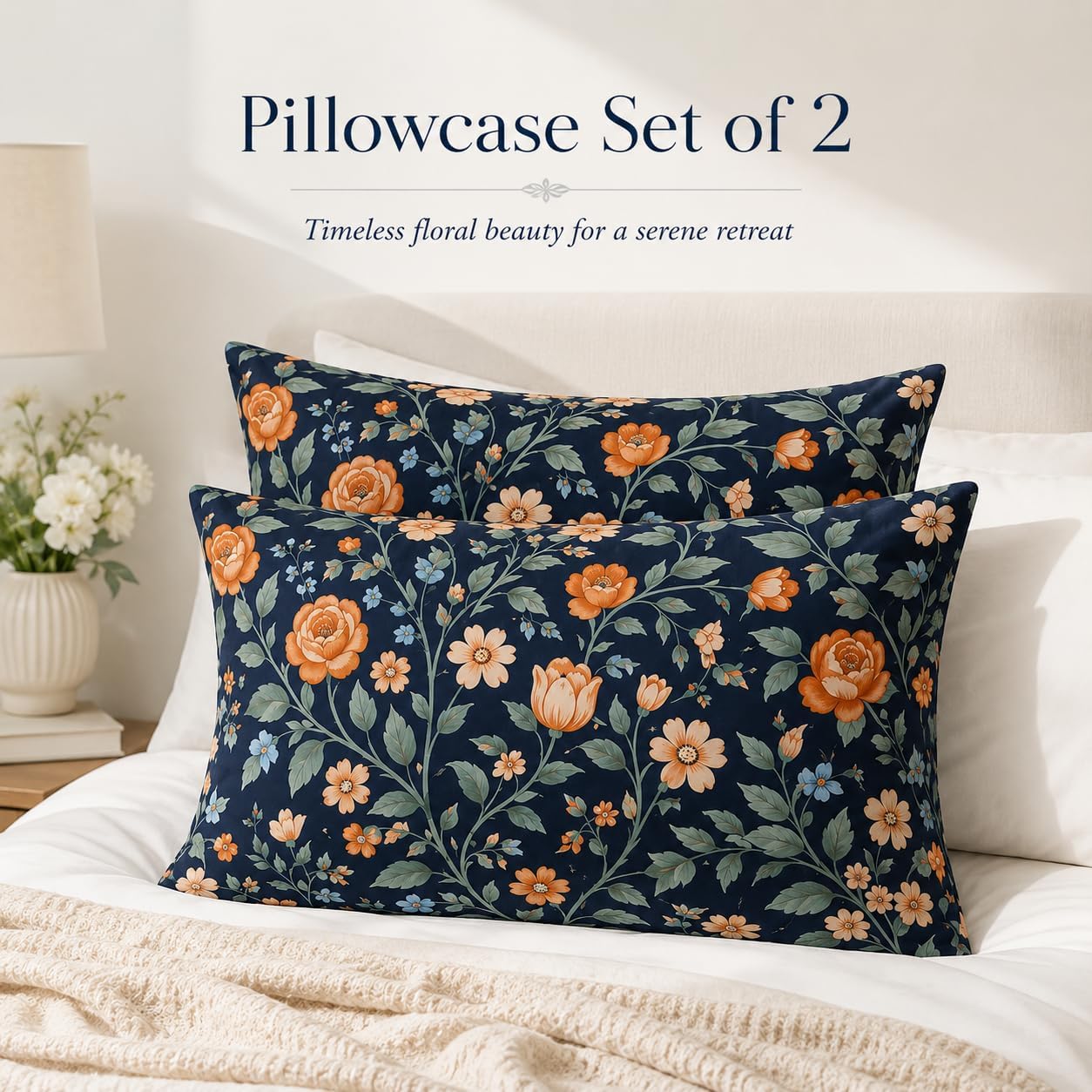 YIYEA Queen Pillow Cases Set of 2, Floral Brushed Microfiber, 20 x 30