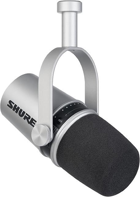 Shure MV7 USB Mikrofon do podcastów, nagrywania, przesyłania strumieniowego i gier, wbudowane wyjście słuchawkowe, metalowy mikrofon dynamiczny USB/XLR, technologia izolująca głos - srebrny