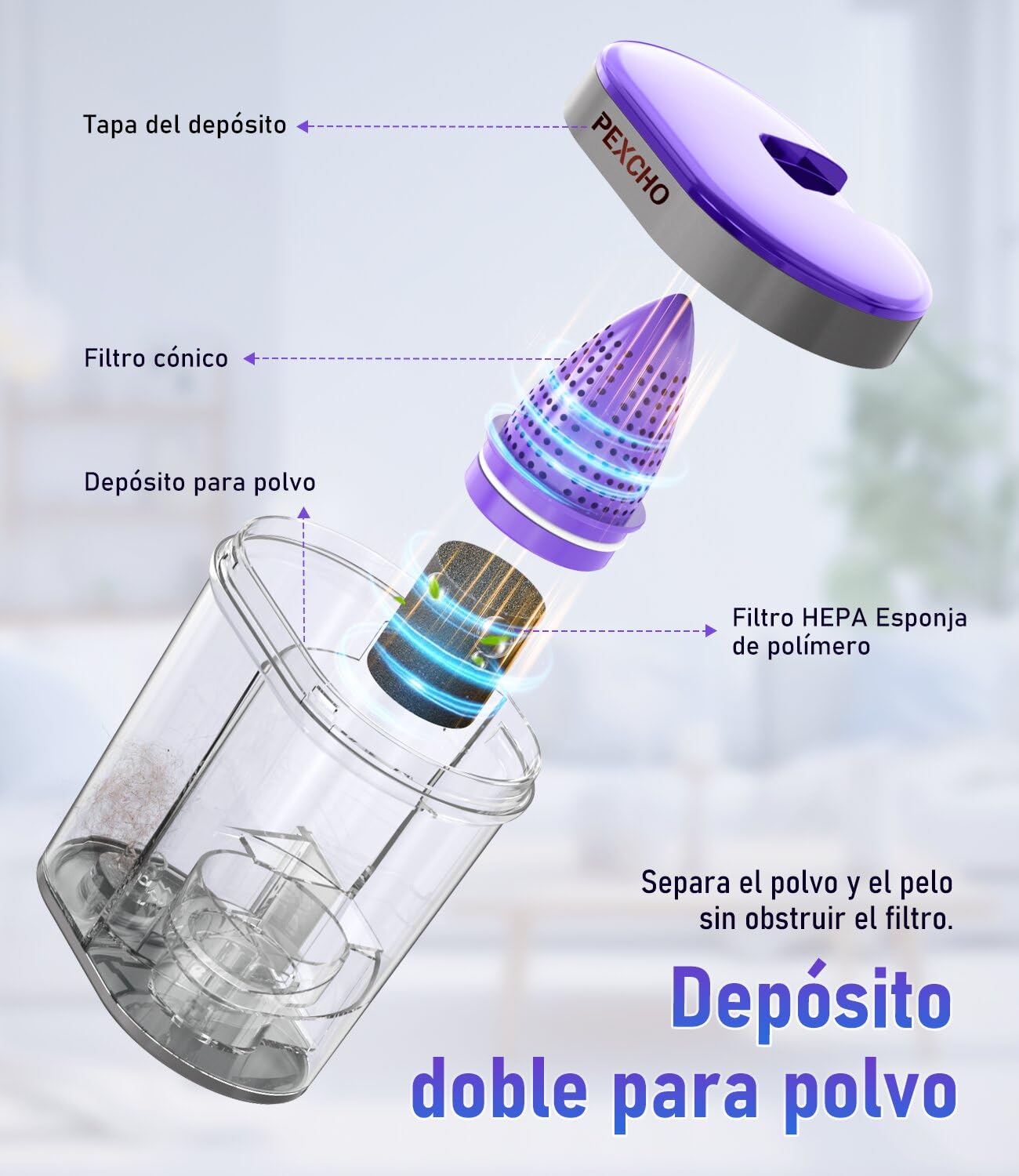 PEXCHO Aspirador de ácaros PM600 con luz UV, 500 W, para alérgicos, Elimina el 99,9% de los ácaros del Polvo, alérgenos, Pelo de Animales de colchones, alfombras y sofás